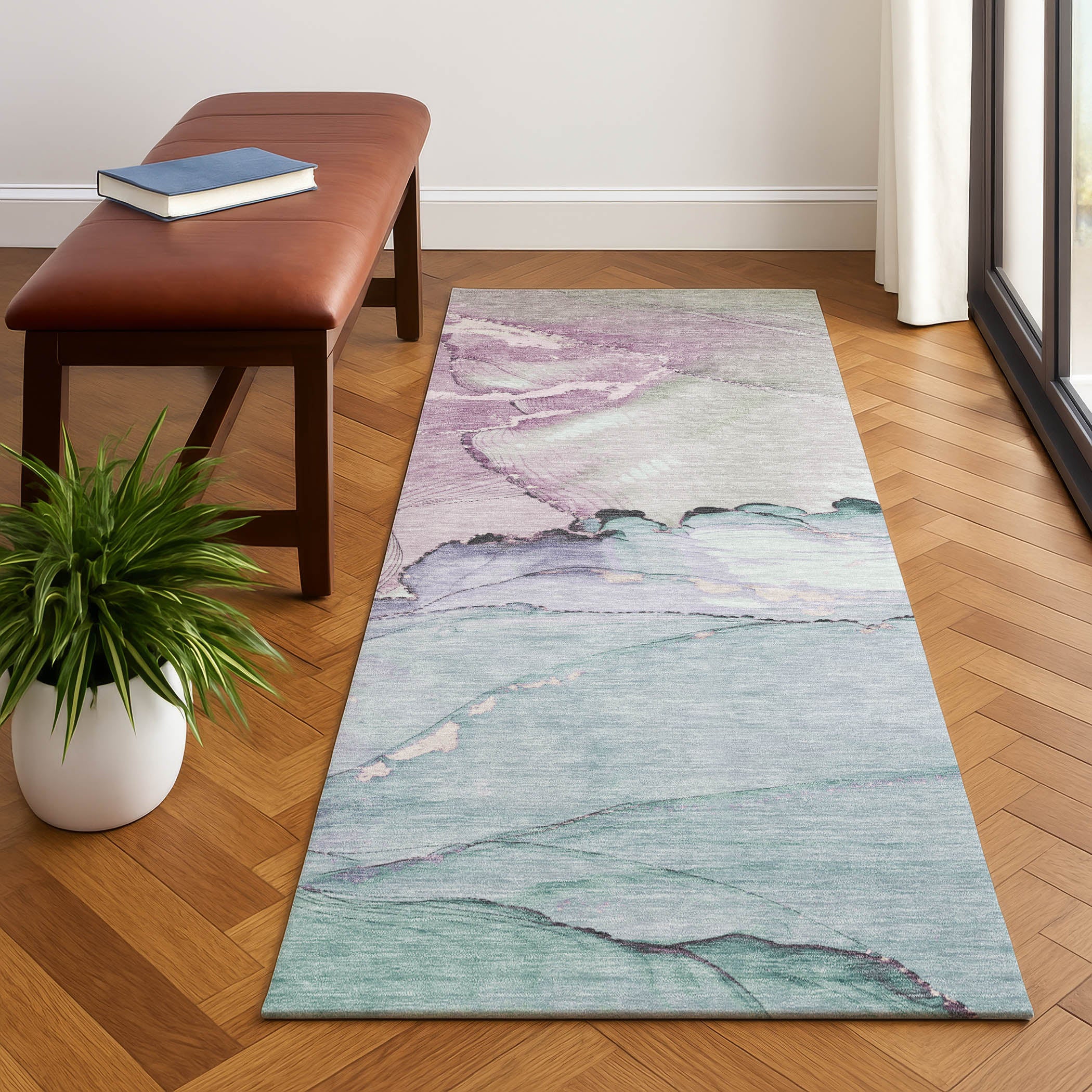 Bruges Machine Washable Transitional Seafoam Blue Rug 2'3" x 7'6" #shape_Runner