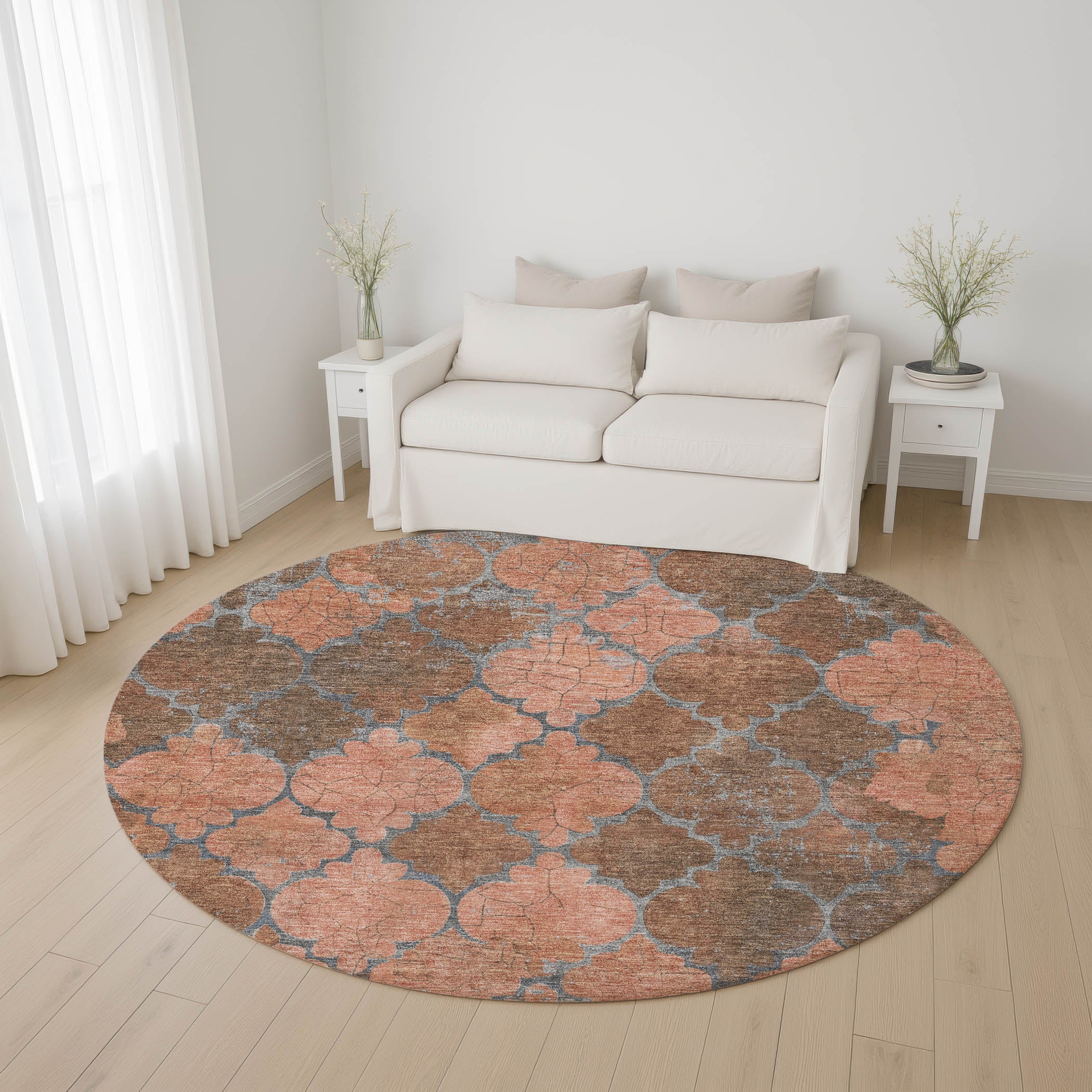 Florence Machine Washable Transitional Copper Orange Rug 8' x 8' #shape_Round