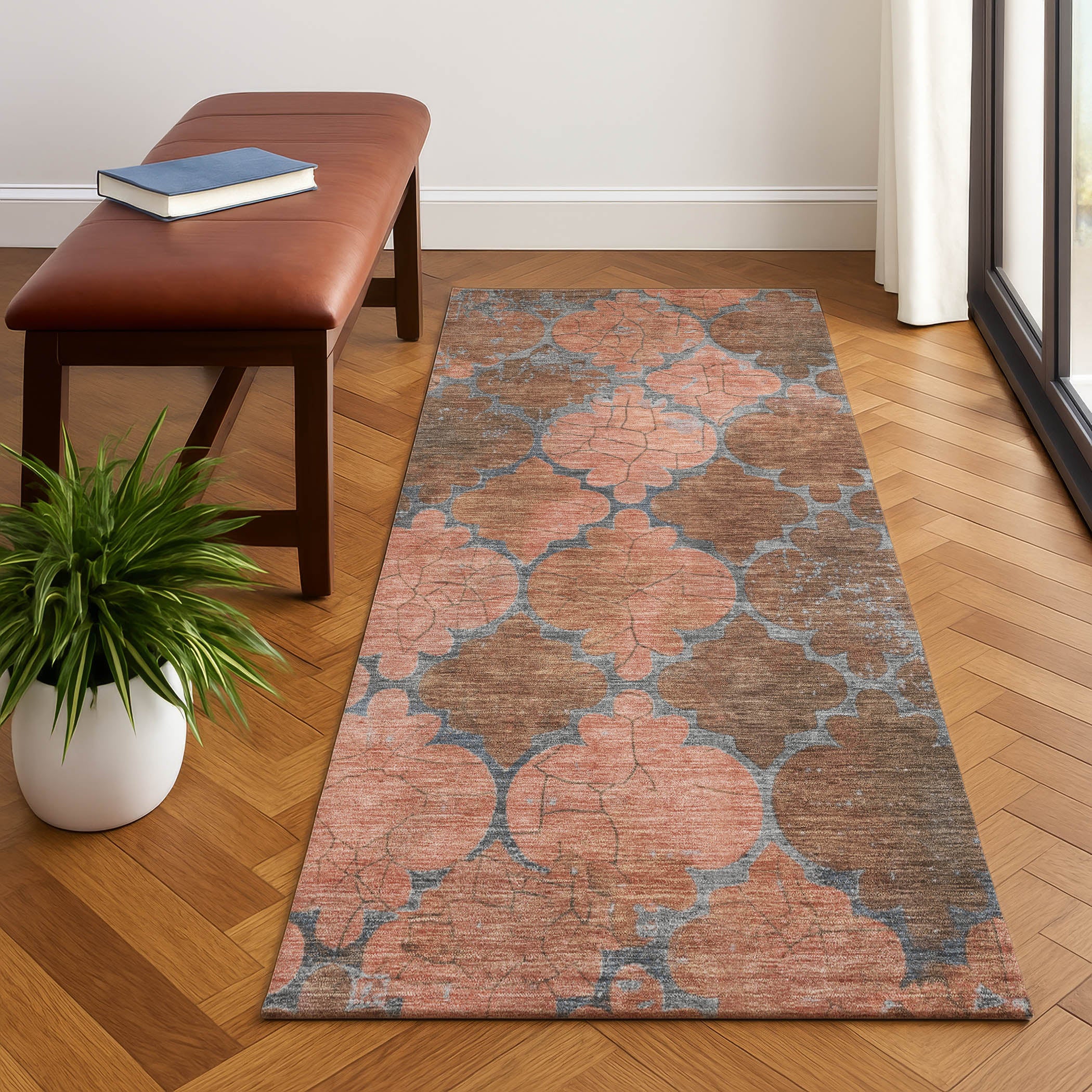 Florence Machine Washable Transitional Copper Orange Rug 2'3" x 7'6" #shape_Runner