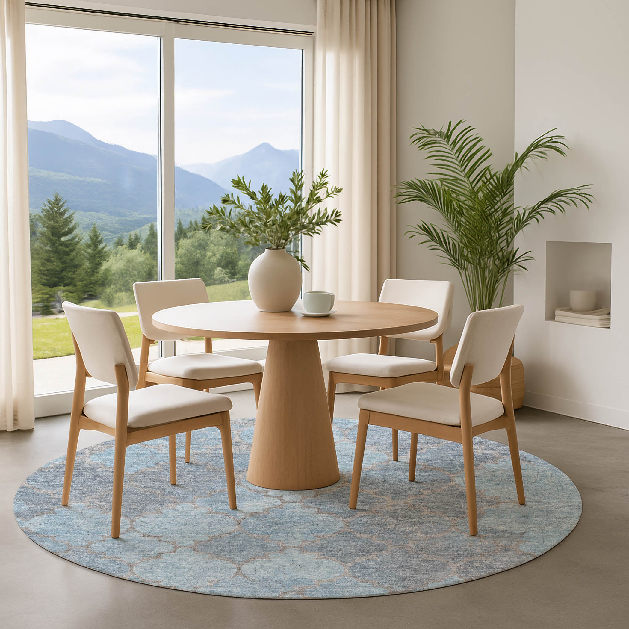 Florence Machine Washable Transitional Denim Blue Rug 8' x 8' #shape_Round