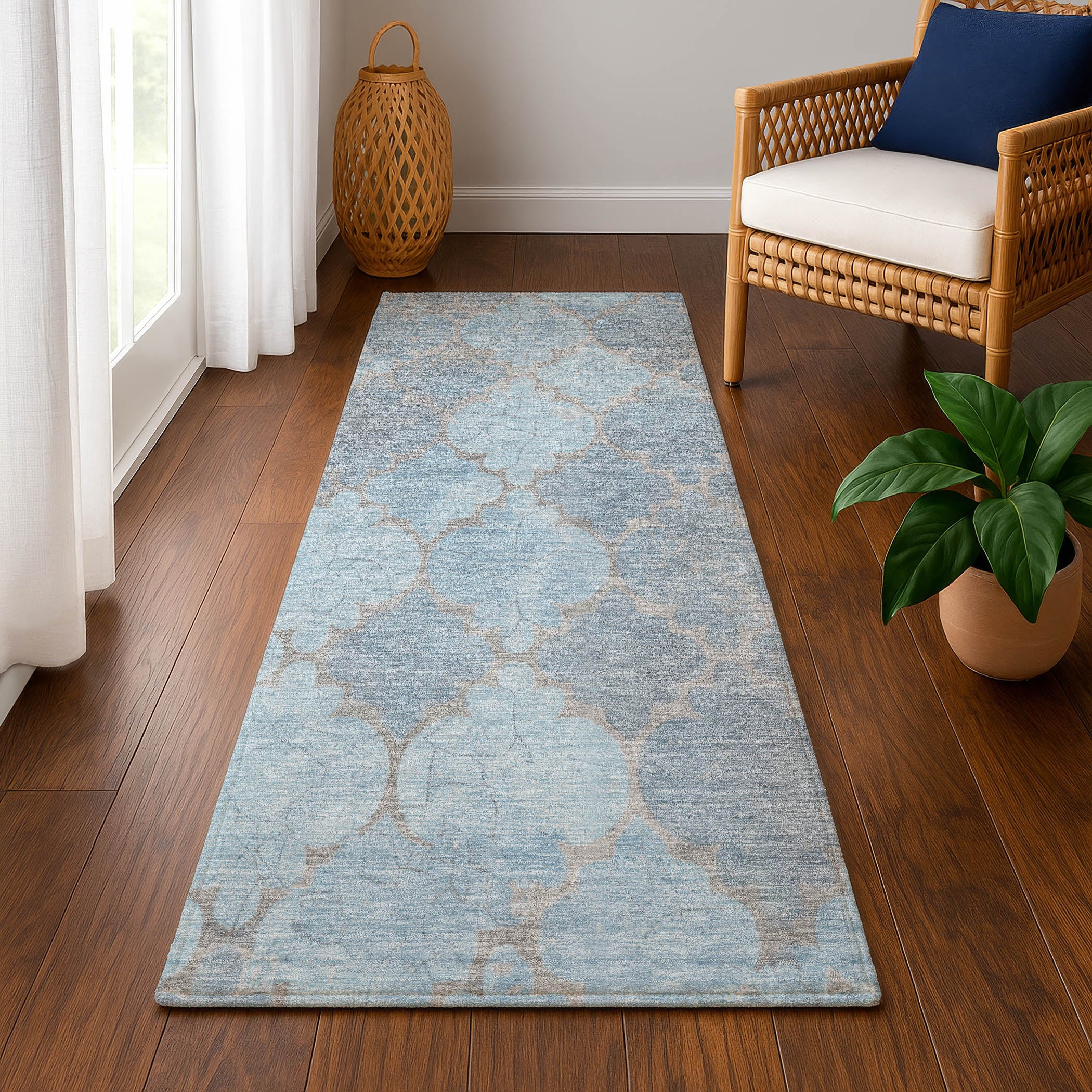 Florence Machine Washable Transitional Denim Blue Rug 2'3" x 7'6" #shape_Runner