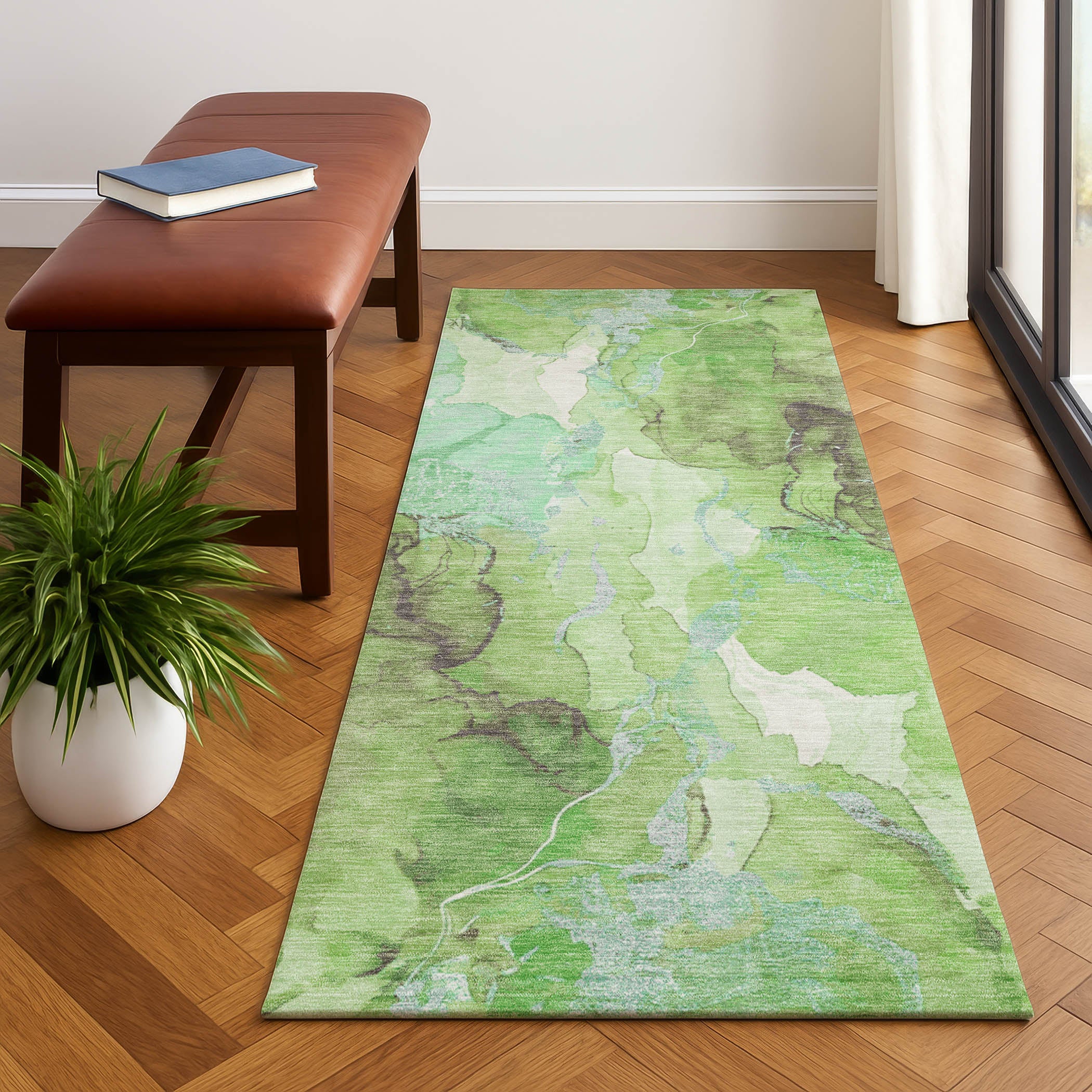 Montevideo Machine Washable Transitional Green Rug 2'3" x 7'6" #shape_Runner