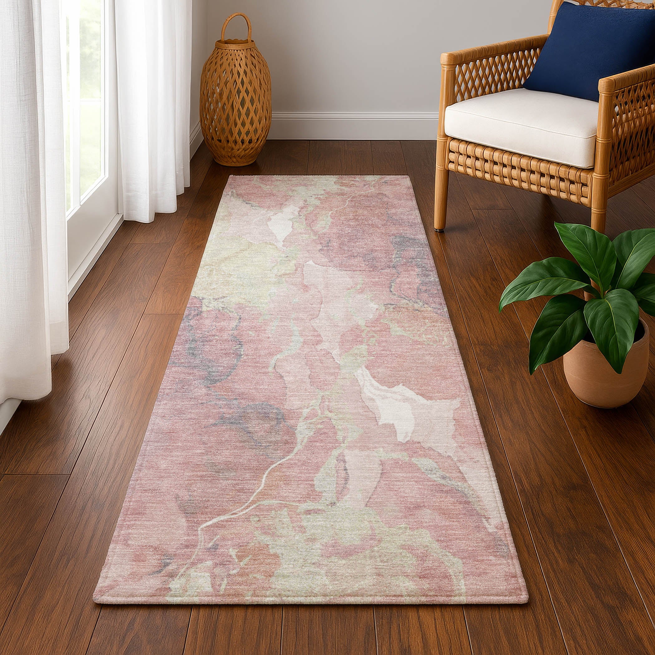 Montevideo Machine Washable Transitional Pink Rug 2'3" x 7'6" #shape_Runner