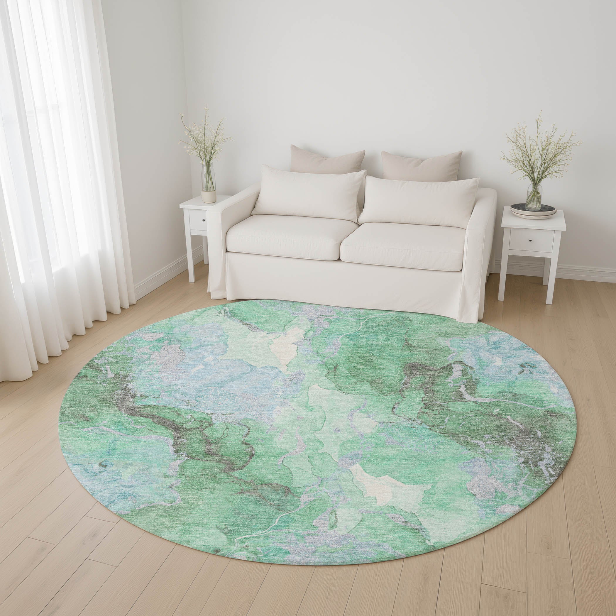 Montevideo Machine Washable Transitional Seafoam Blue Rug 8' x 8' #shape_Round