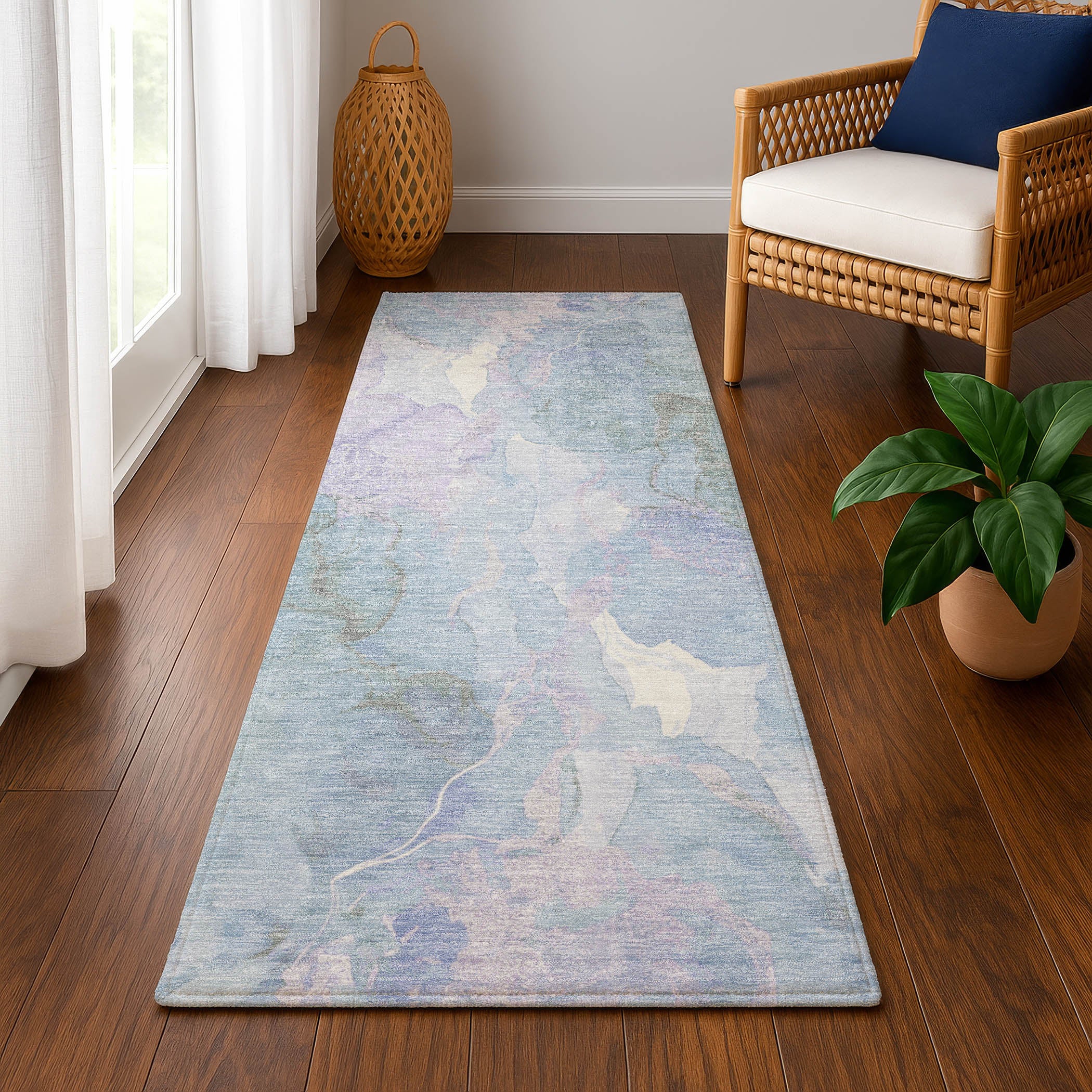 Montevideo Machine Washable Transitional Sky Blue Rug 2'3" x 7'6" #shape_Runner