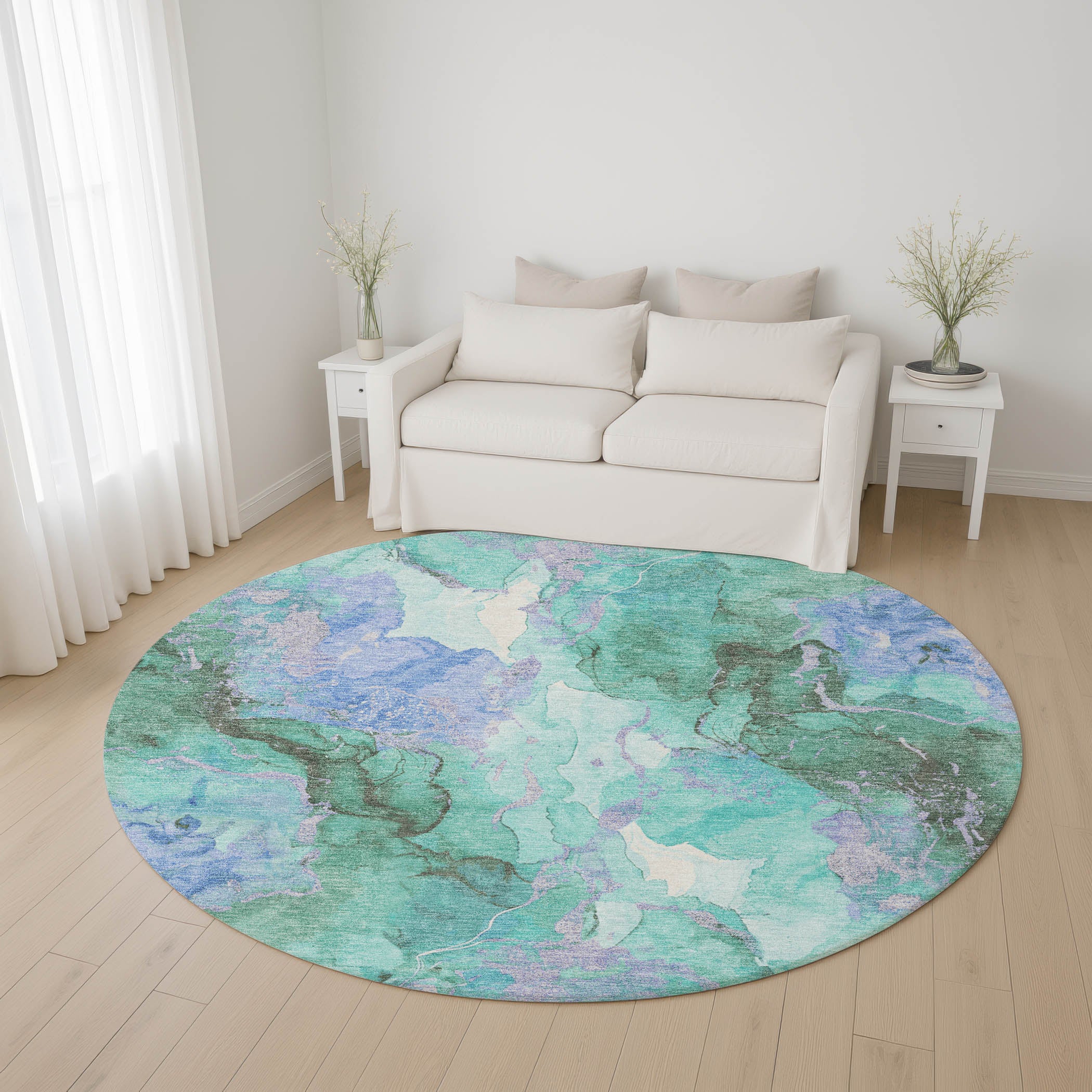 Montevideo Machine Washable Transitional Teal Rug 8' x 8' #shape_Round