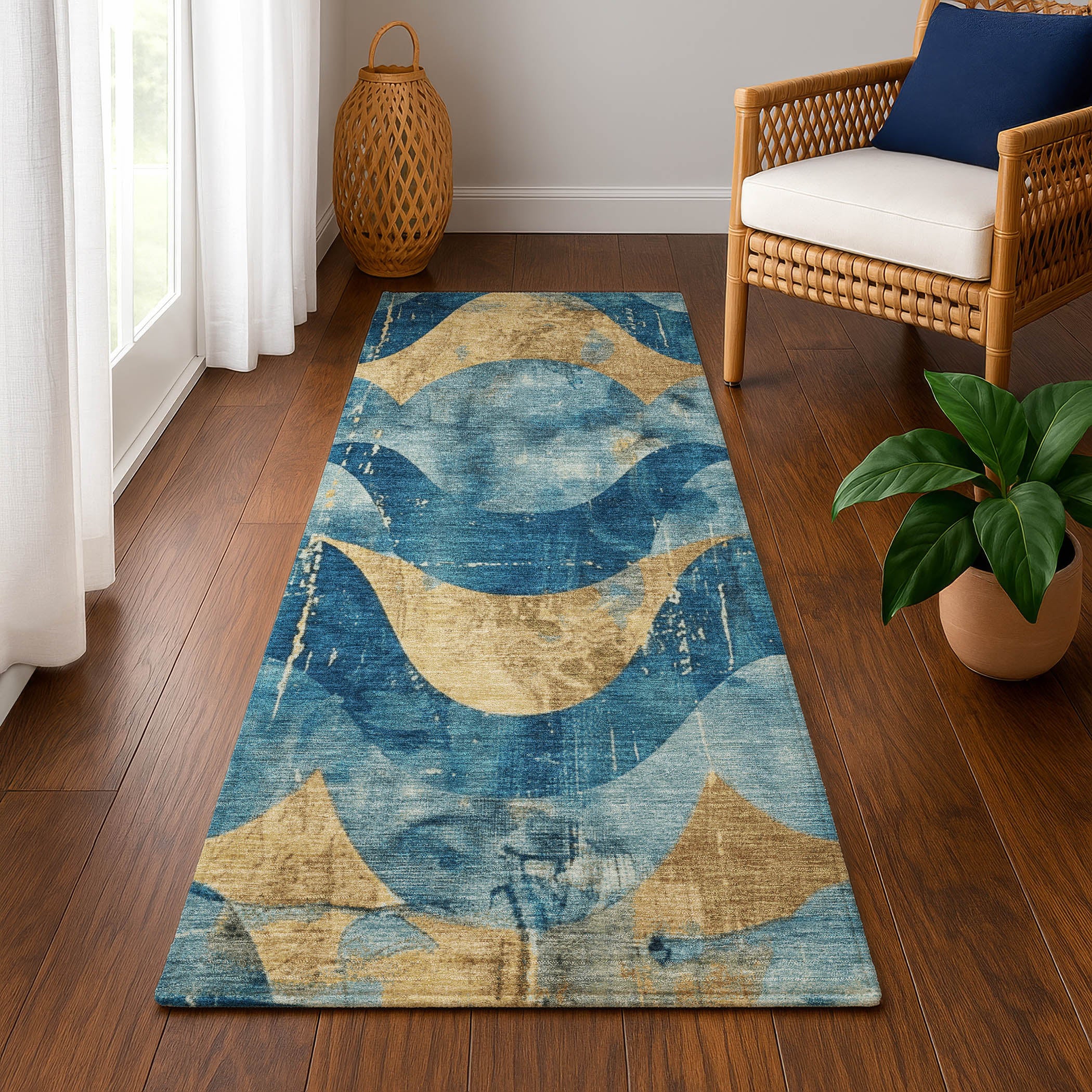 Sintra Machine Washable Transitional Teal Rug 2'3" x 7'6" #shape_Runner