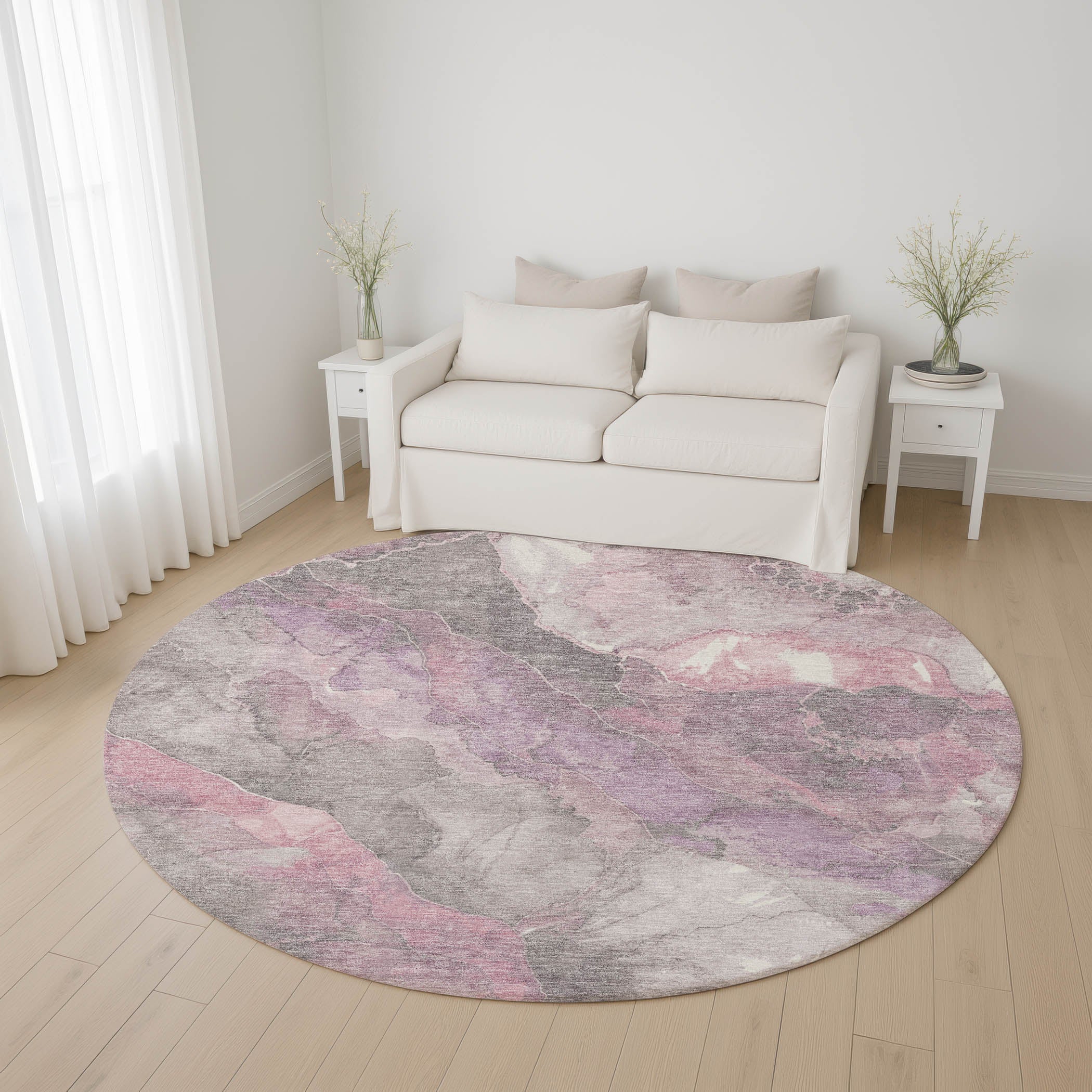 Lima Machine Washable Transitional Blush Pink Rug 8' x 8' #shape_Round