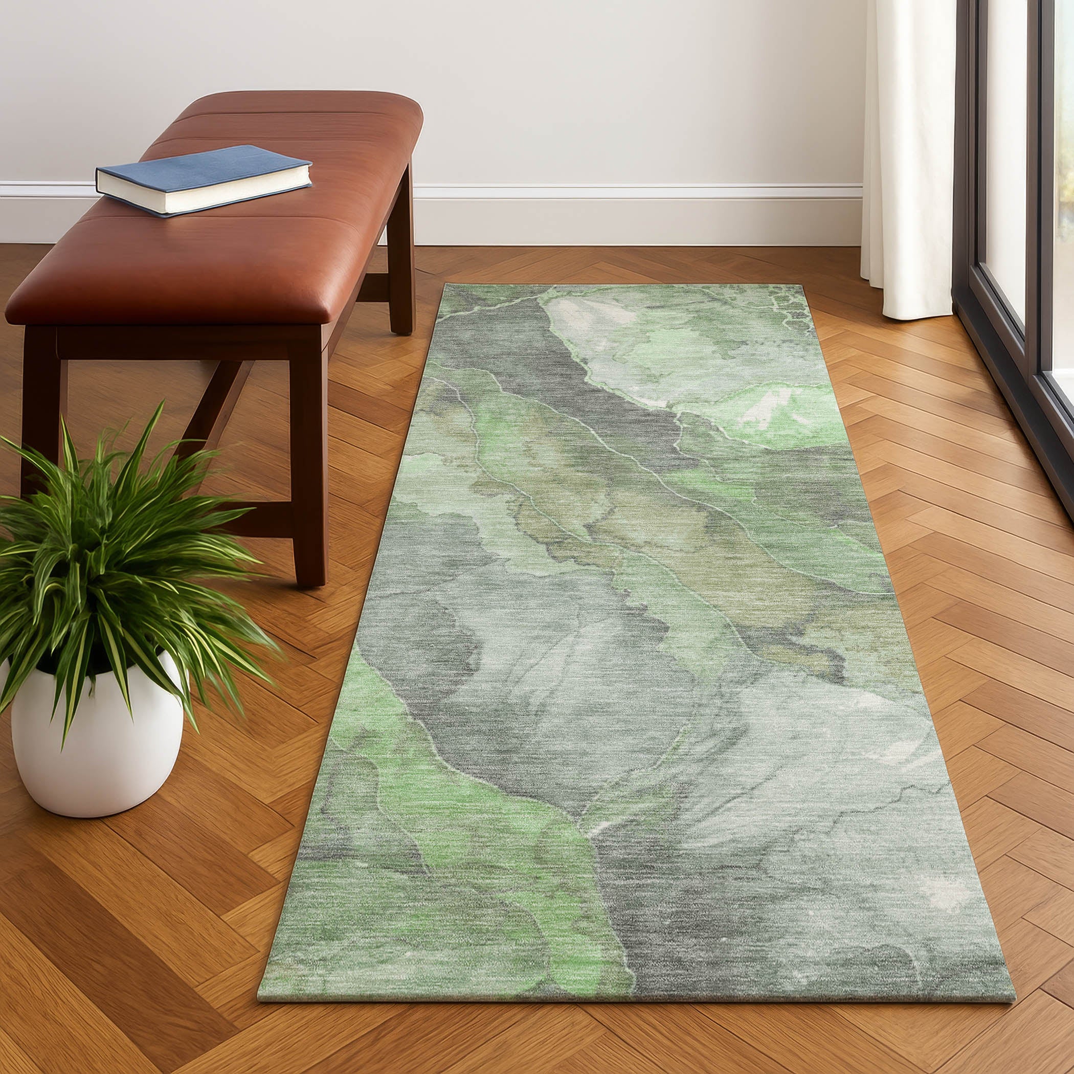 Lima Machine Washable Transitional Green Rug 2'3" x 7'6" #shape_Runner