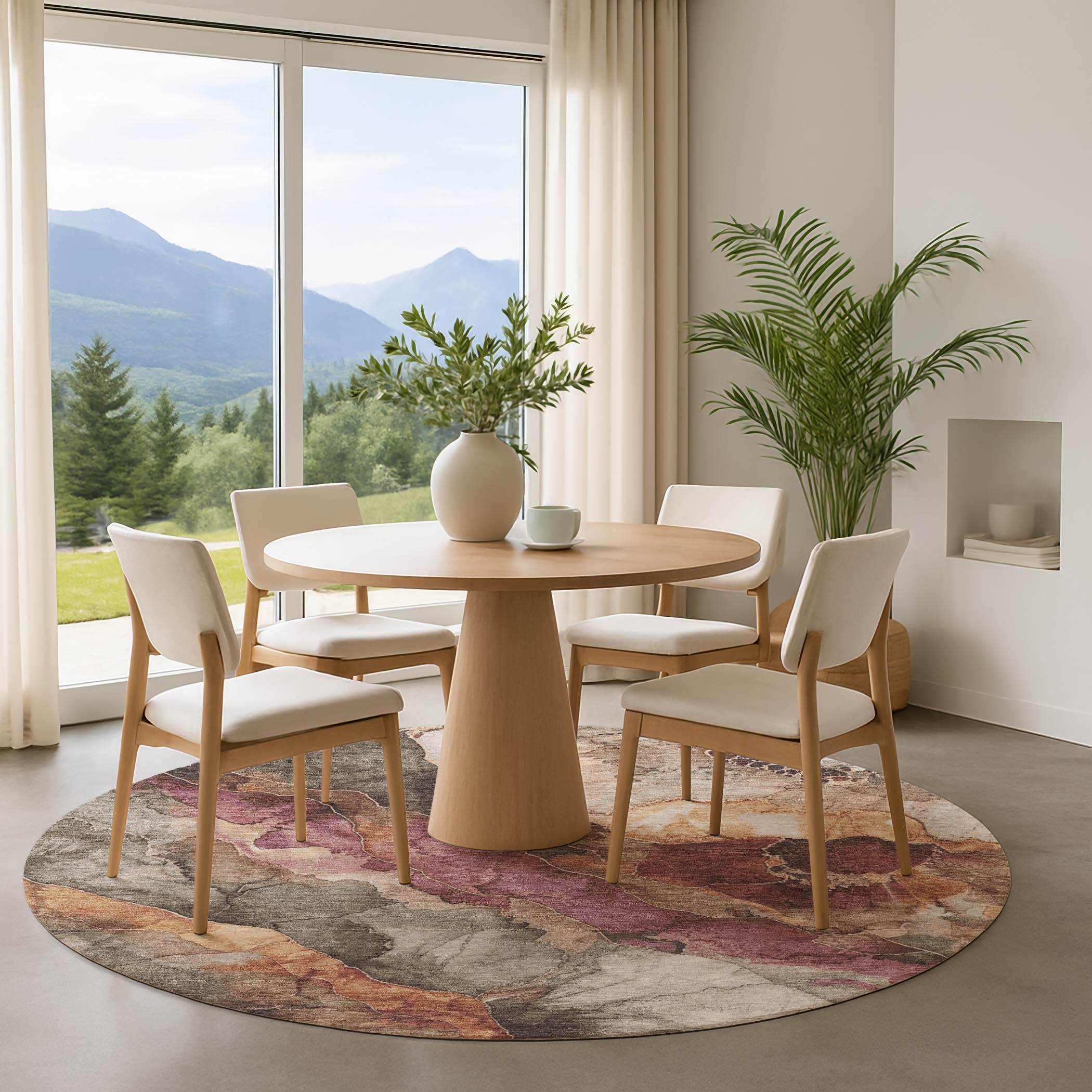Lima Machine Washable Transitional Khaki Brown Rug 8' x 8' #shape_Round