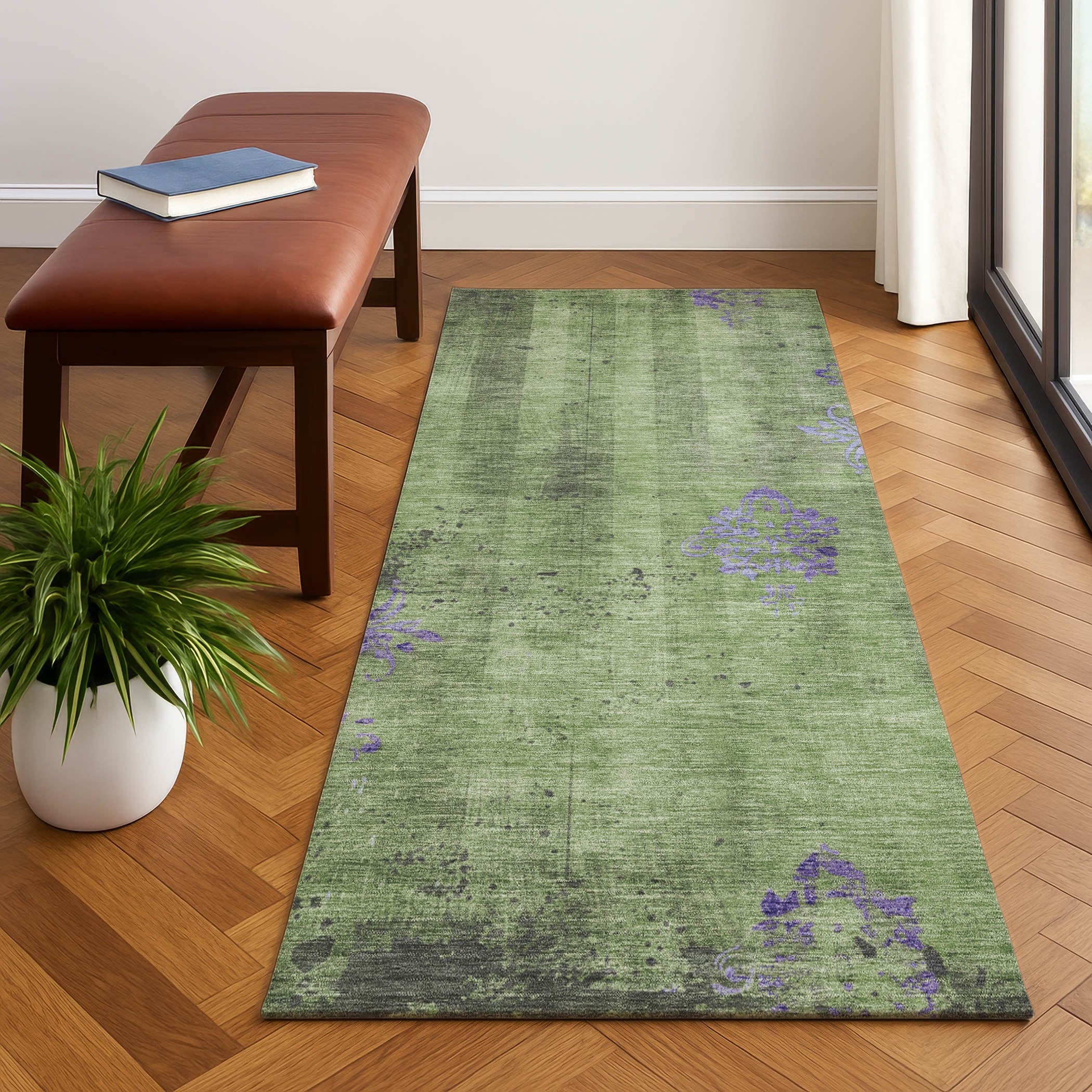 Queenstown Machine Washable Transitional Aloe Green Rug 2'3" x 7'6" #shape_Runner