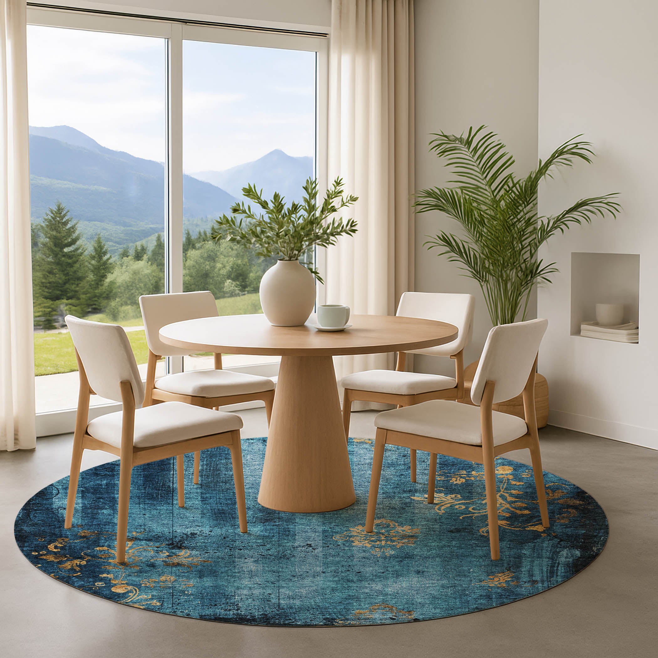 Queenstown Machine Washable Transitional Blue Rug 8' x 8' #shape_Round