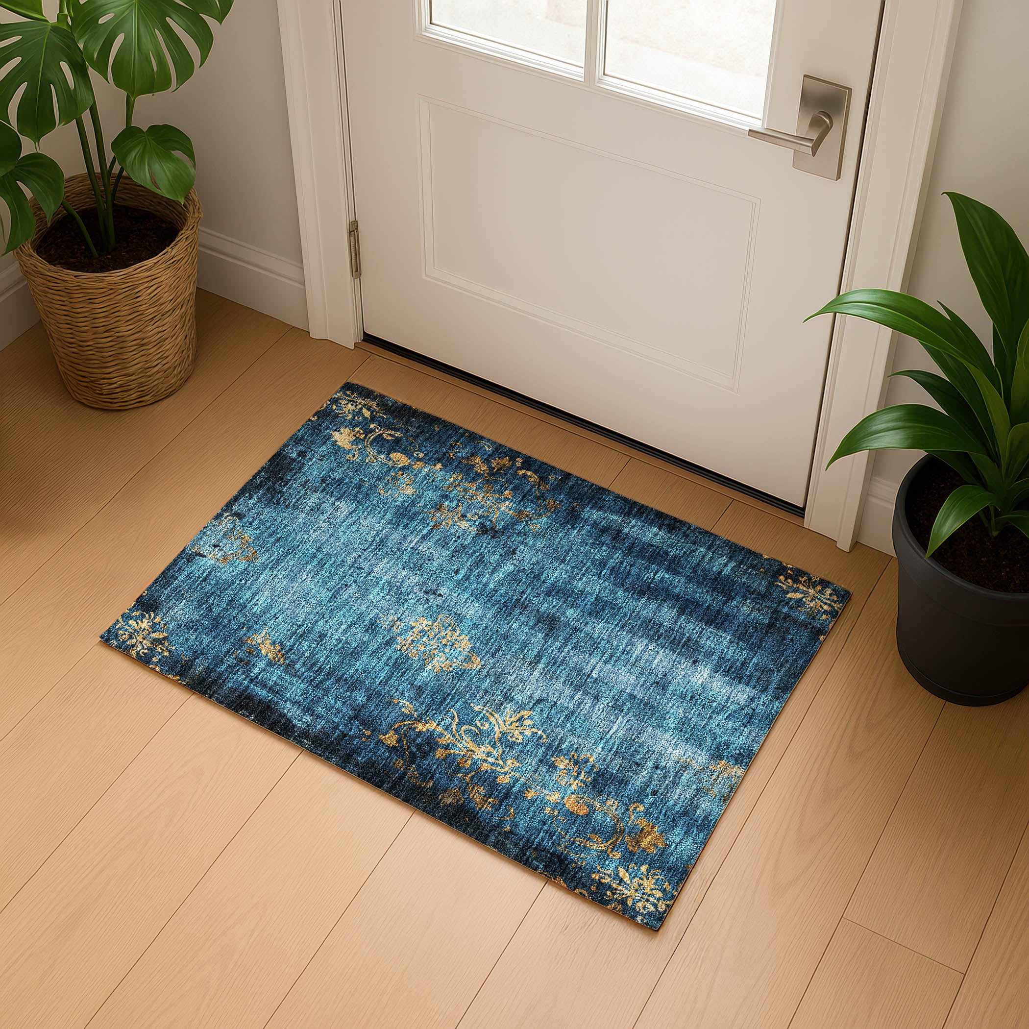 Queenstown Machine Washable Transitional Blue Rug 1'8" x 2'6" #shape_Rectangle