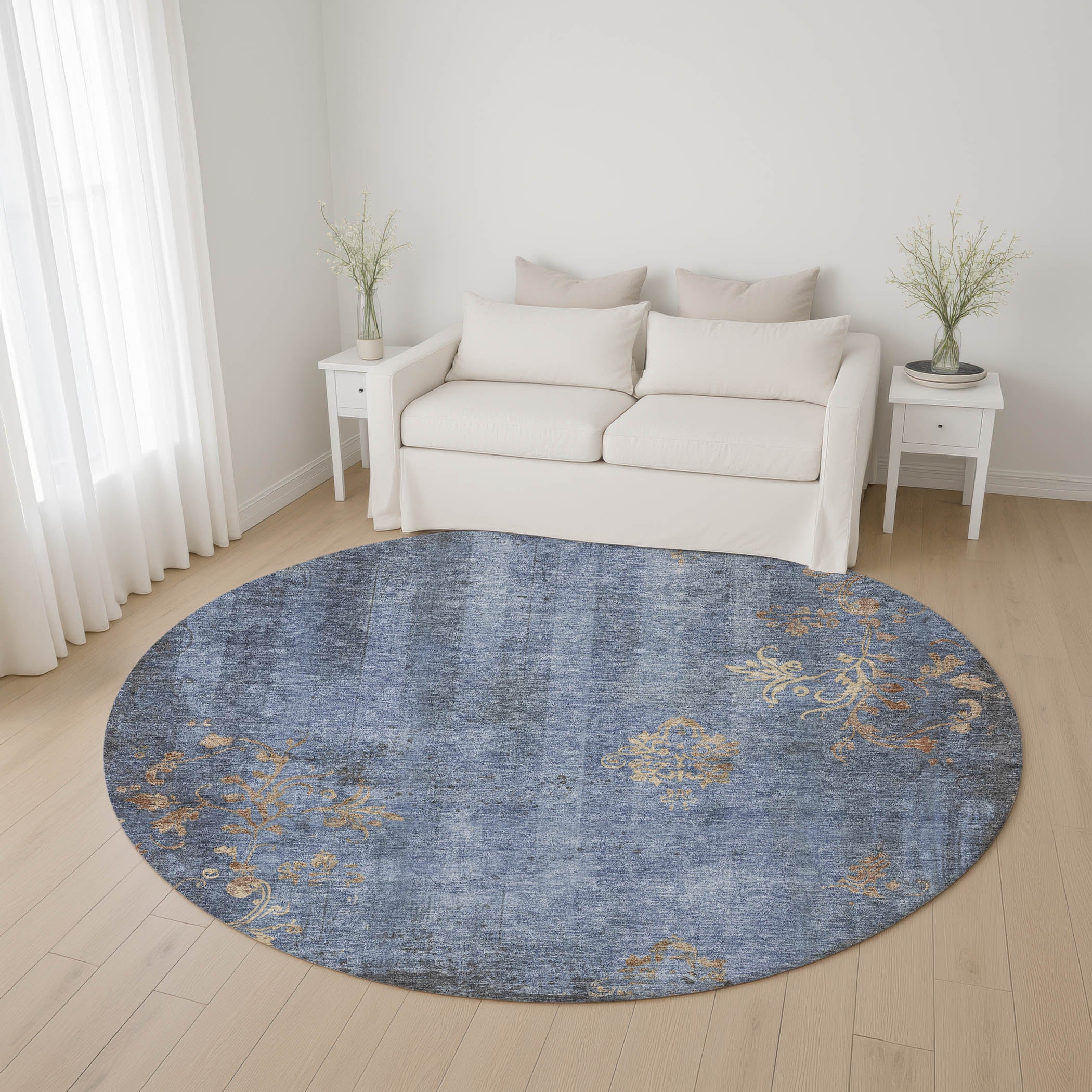 Queenstown Machine Washable Transitional Denim Blue Rug 8' x 8' #shape_Round