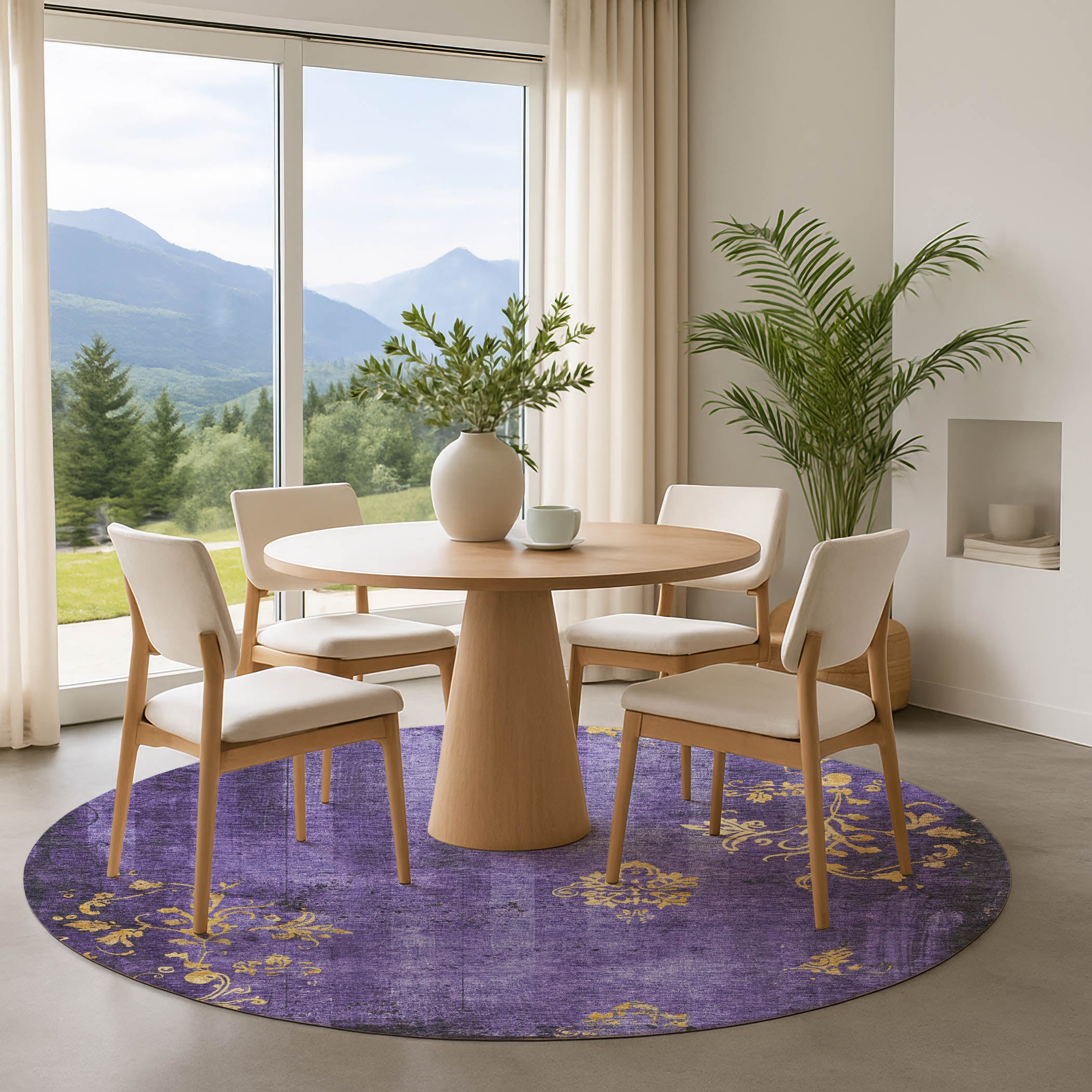 Queenstown Machine Washable Transitional Purple Rug 8' x 8' #shape_Round