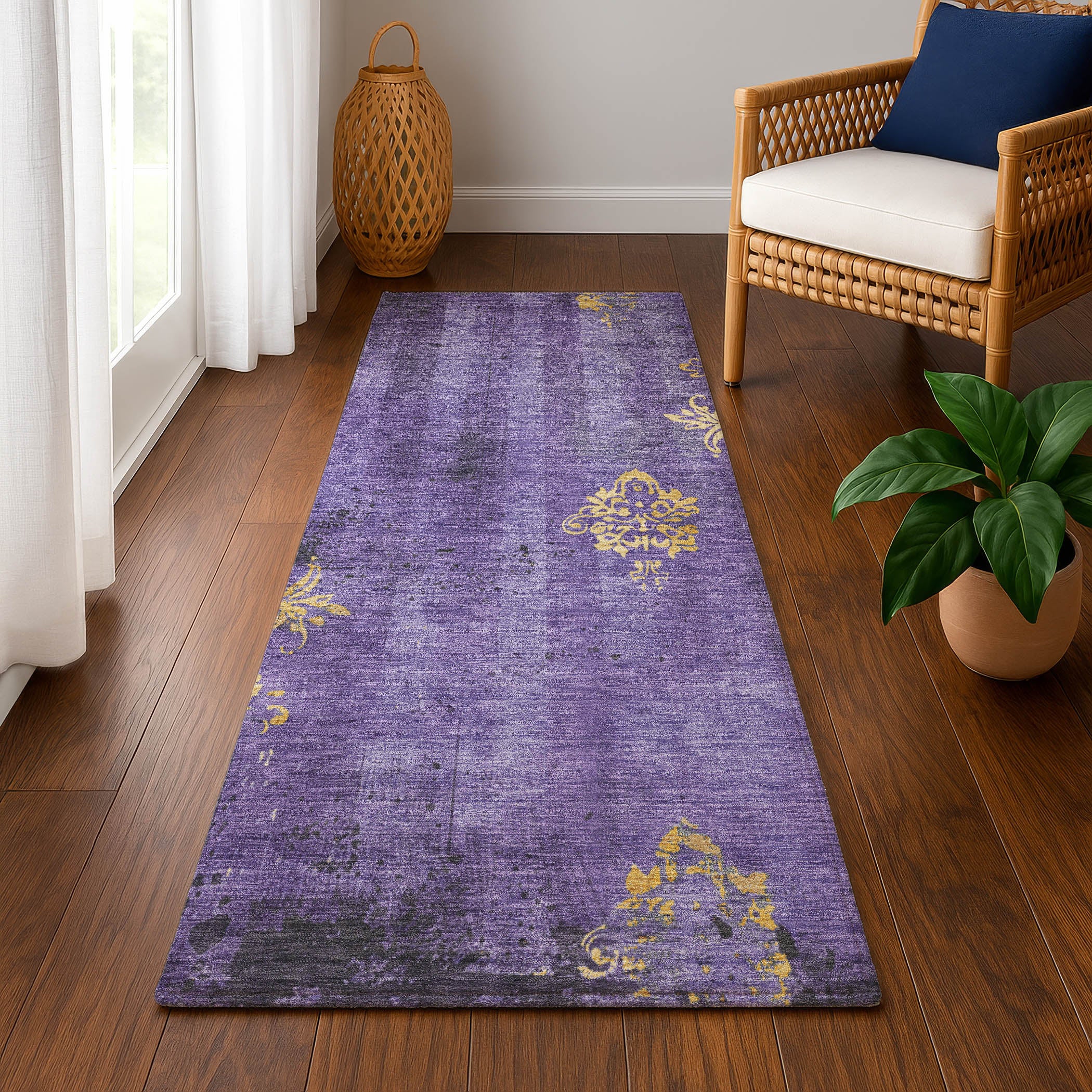 Queenstown Machine Washable Transitional Purple Rug 2'3" x 7'6" #shape_Runner