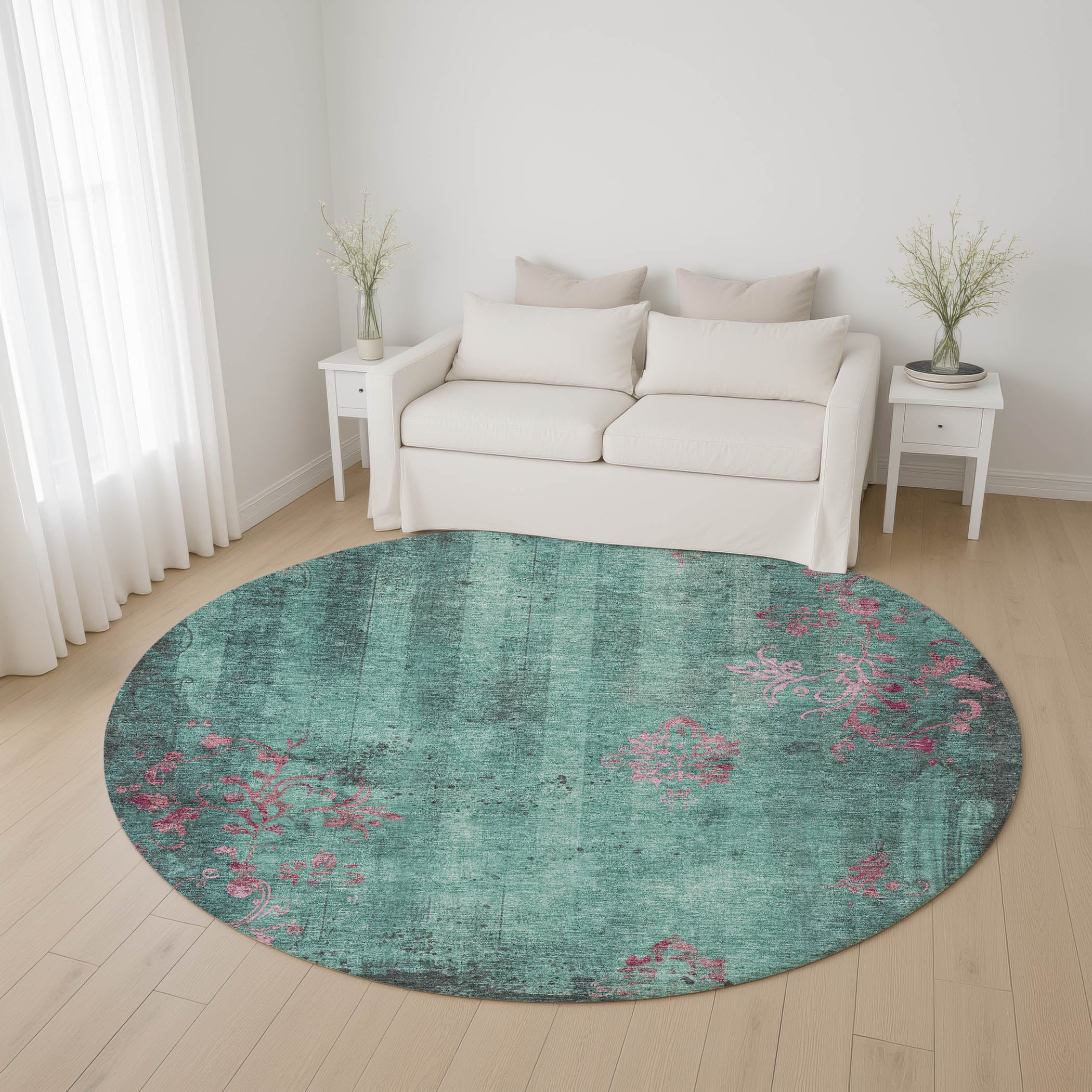 Queenstown Machine Washable Transitional Seafoam Blue Rug 8' x 8' #shape_Round
