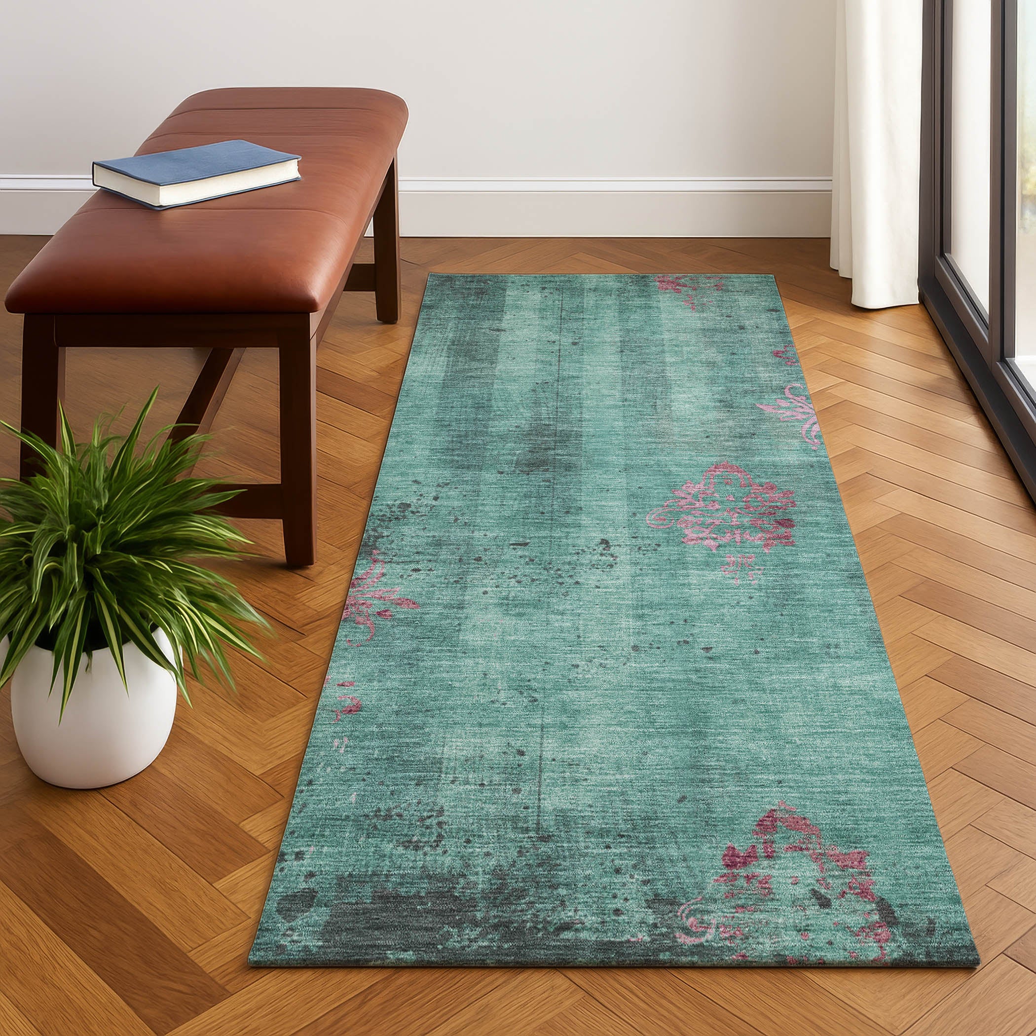 Queenstown Machine Washable Transitional Seafoam Blue Rug 2'3" x 7'6" #shape_Runner