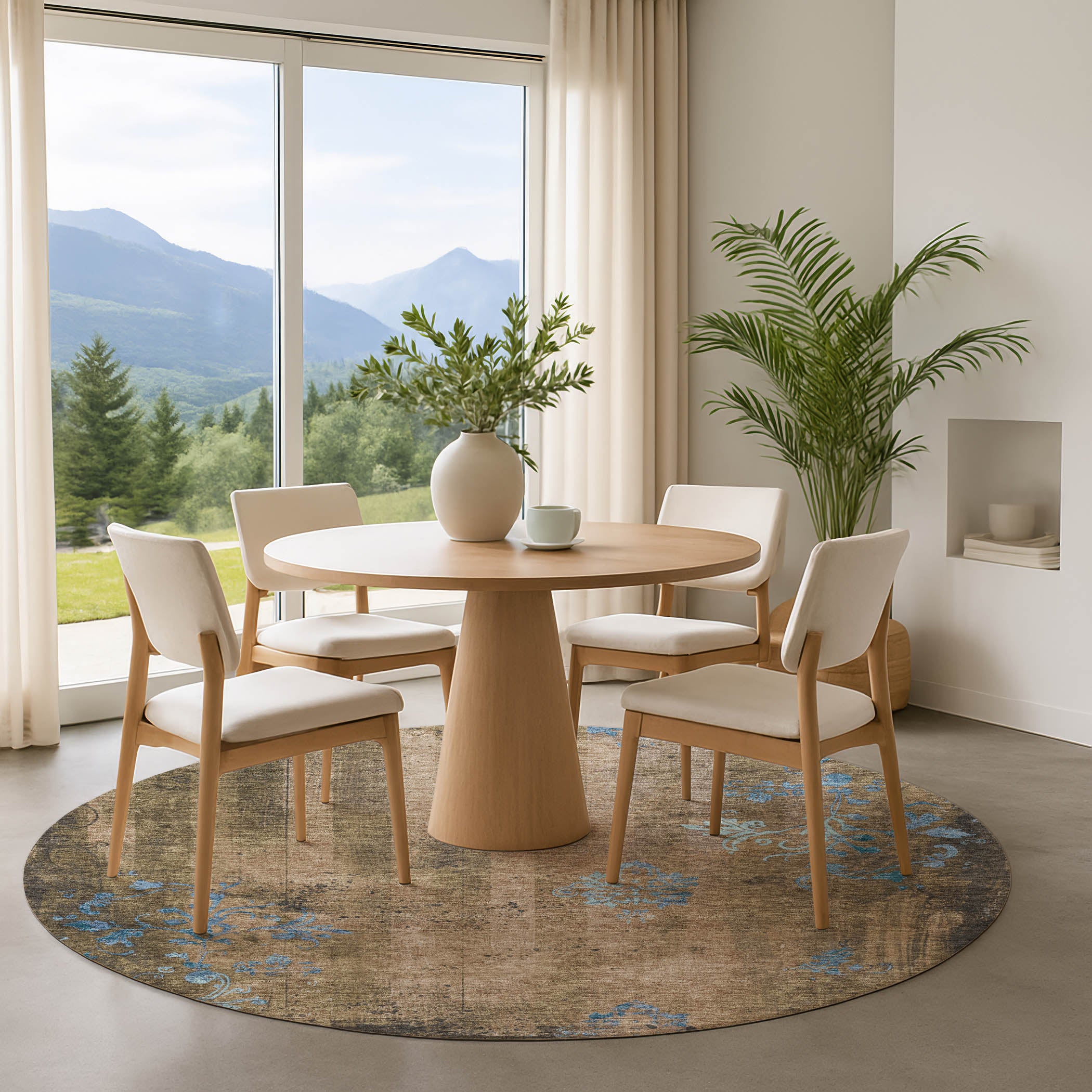 Queenstown Machine Washable Transitional Taupe Brown Rug 8' x 8' #shape_Round
