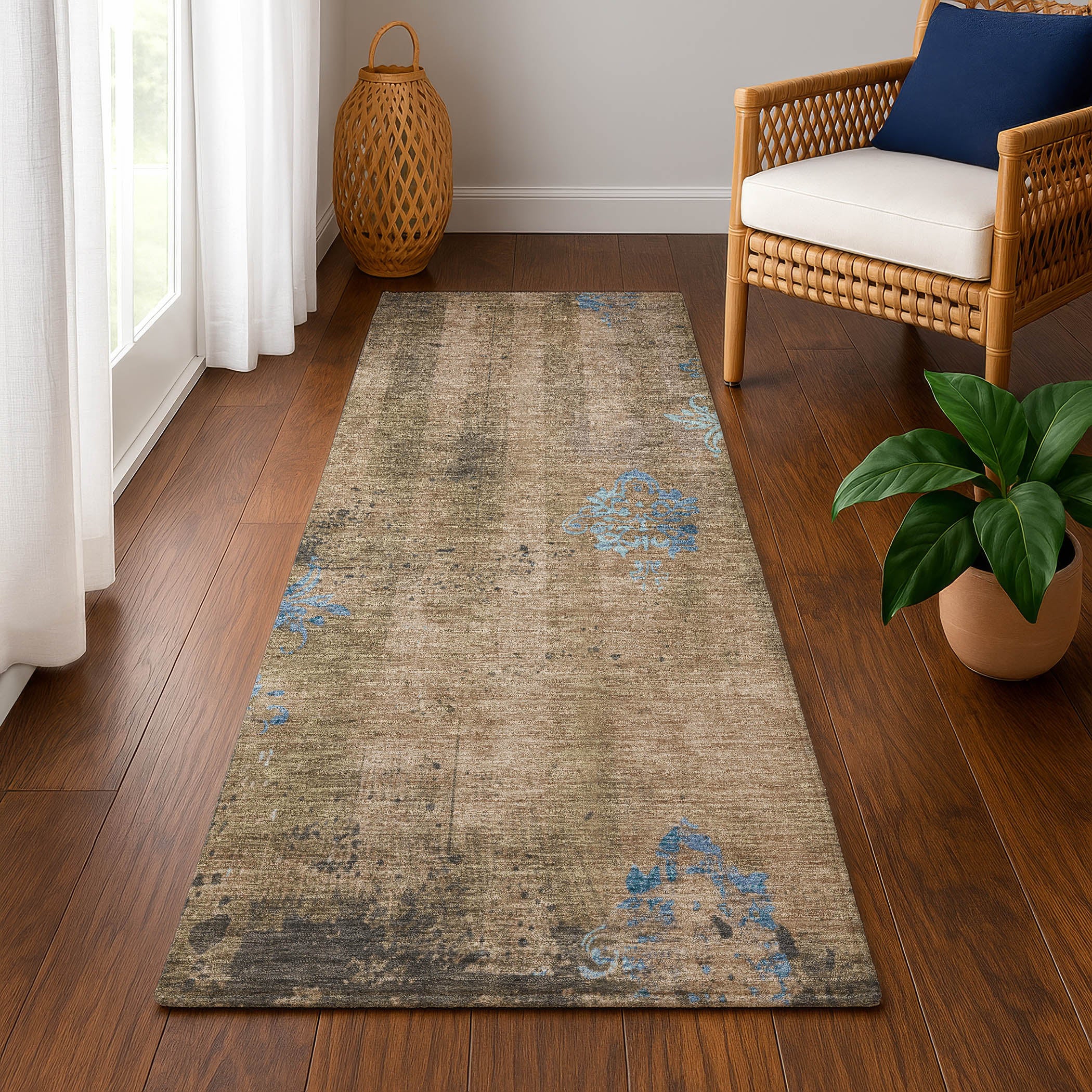 Queenstown Machine Washable Transitional Taupe Brown Rug 2'3" x 7'6" #shape_Runner