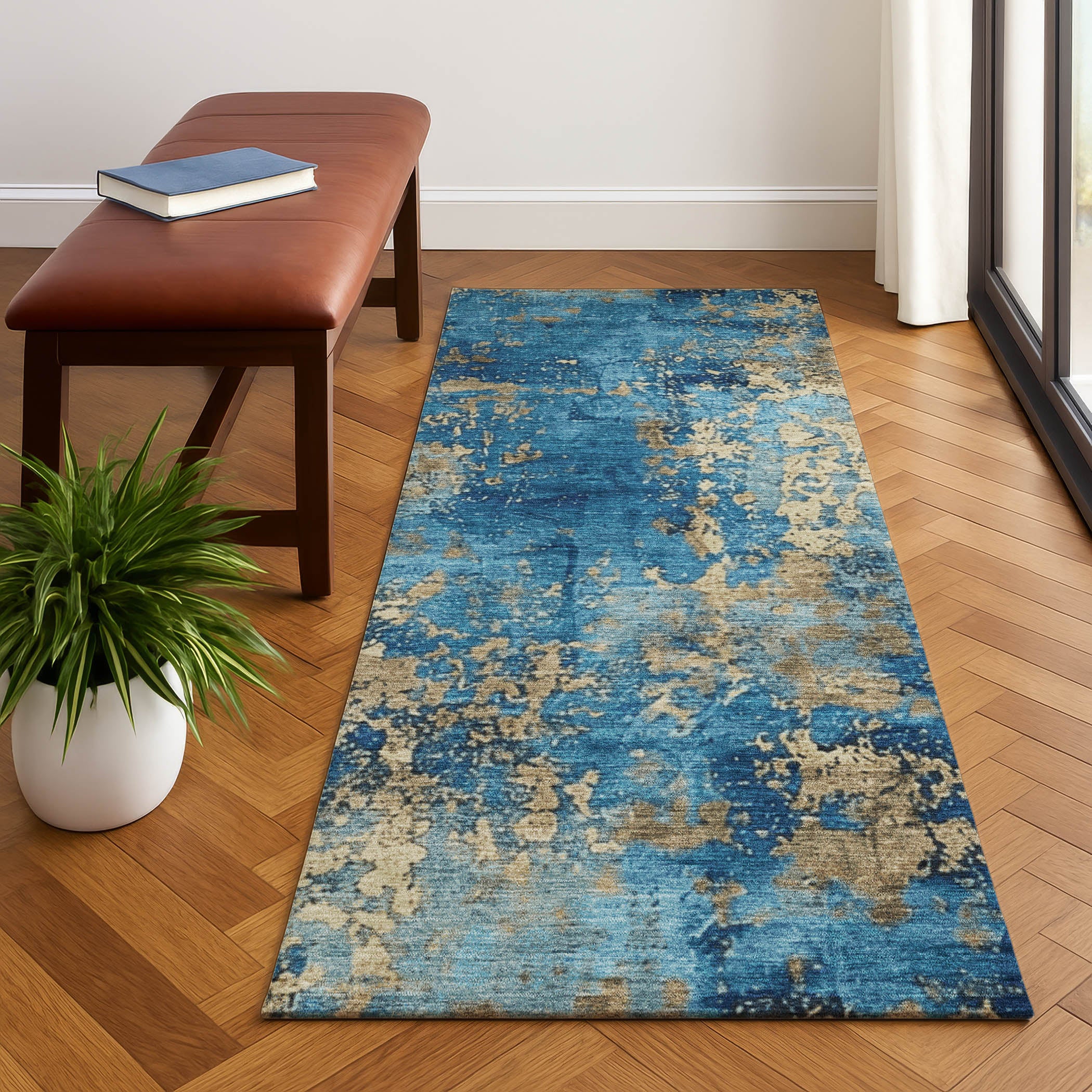 Salzburg Machine Washable Transitional Blue Rug 2'3" x 7'6" #shape_Runner