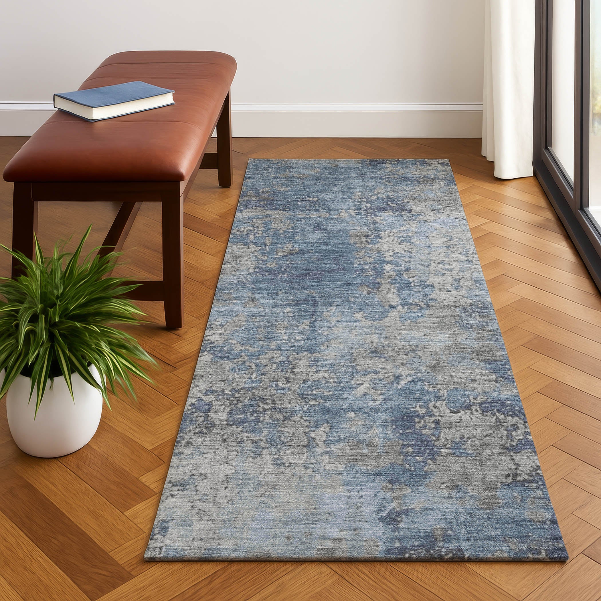 Salzburg Machine Washable Transitional Denim Blue Rug 2'3" x 7'6" #shape_Runner