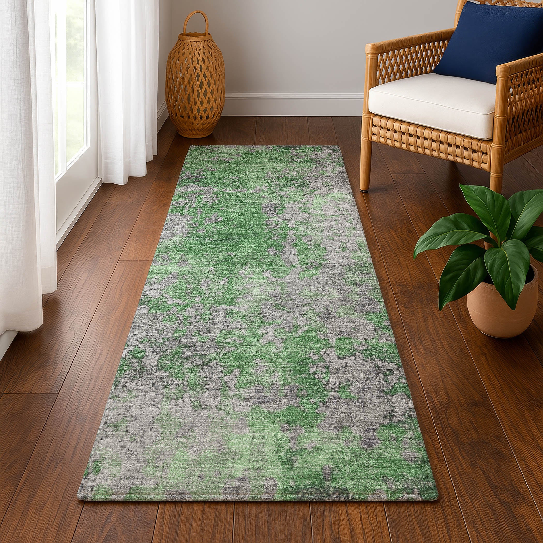 Salzburg Machine Washable Transitional Green Rug 2'3" x 7'6" #shape_Runner