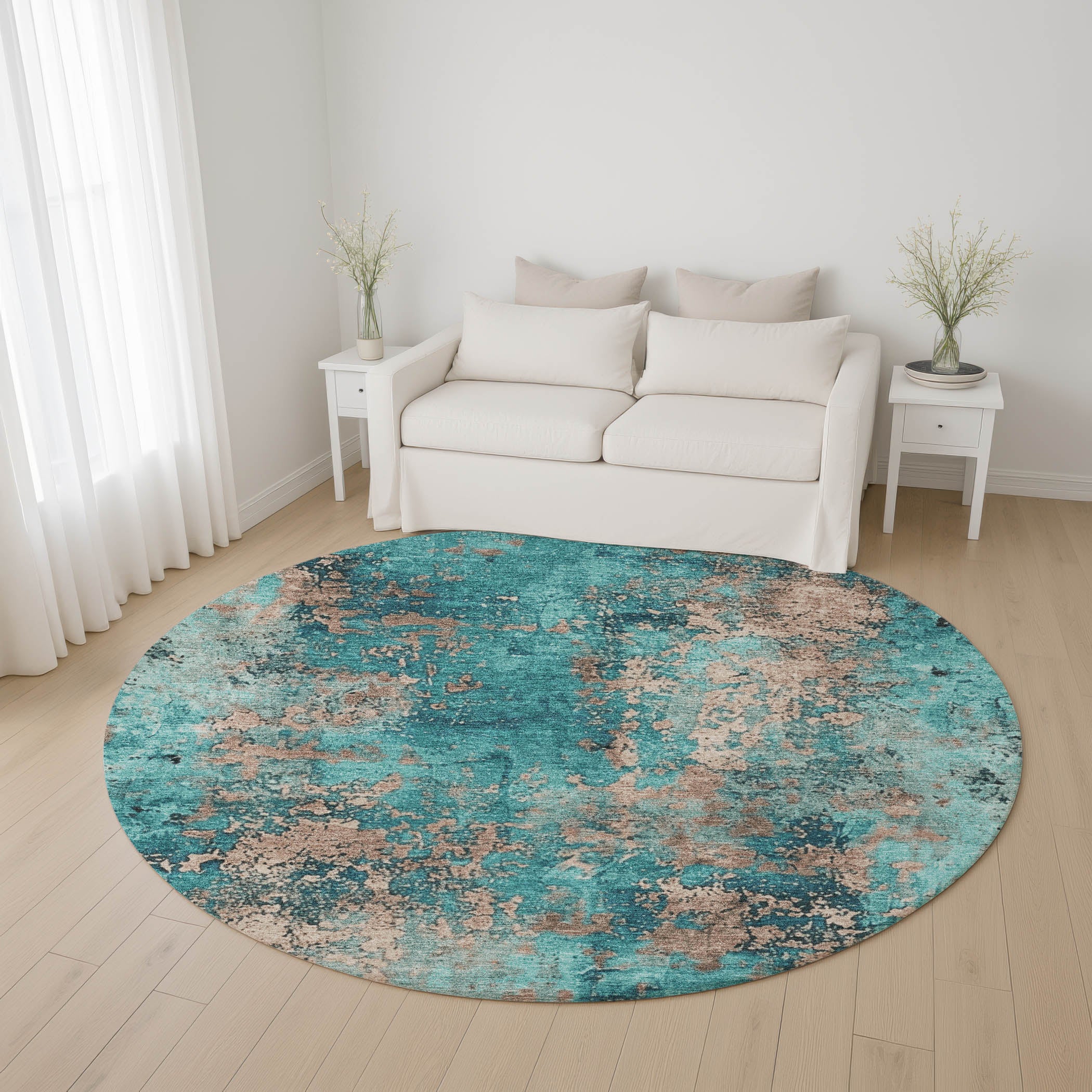 Salzburg Machine Washable Transitional Teal Rug 8' x 8' #shape_Round