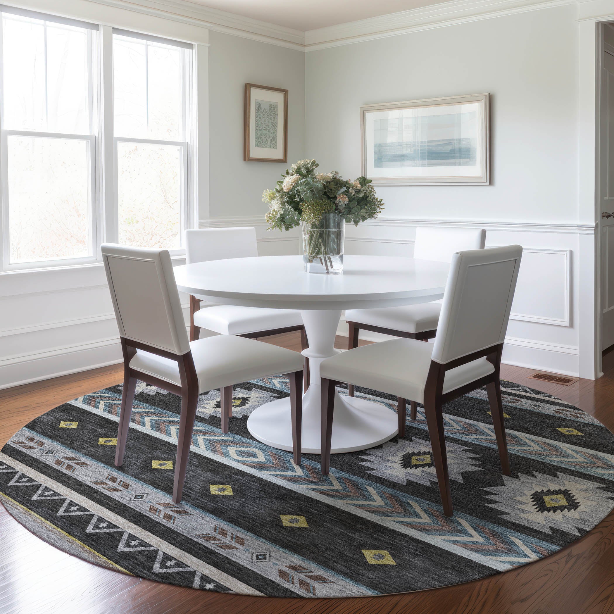 Montevideo Machine Washable Southwest Midnight Black Rug 8' x 8' #shape_Round