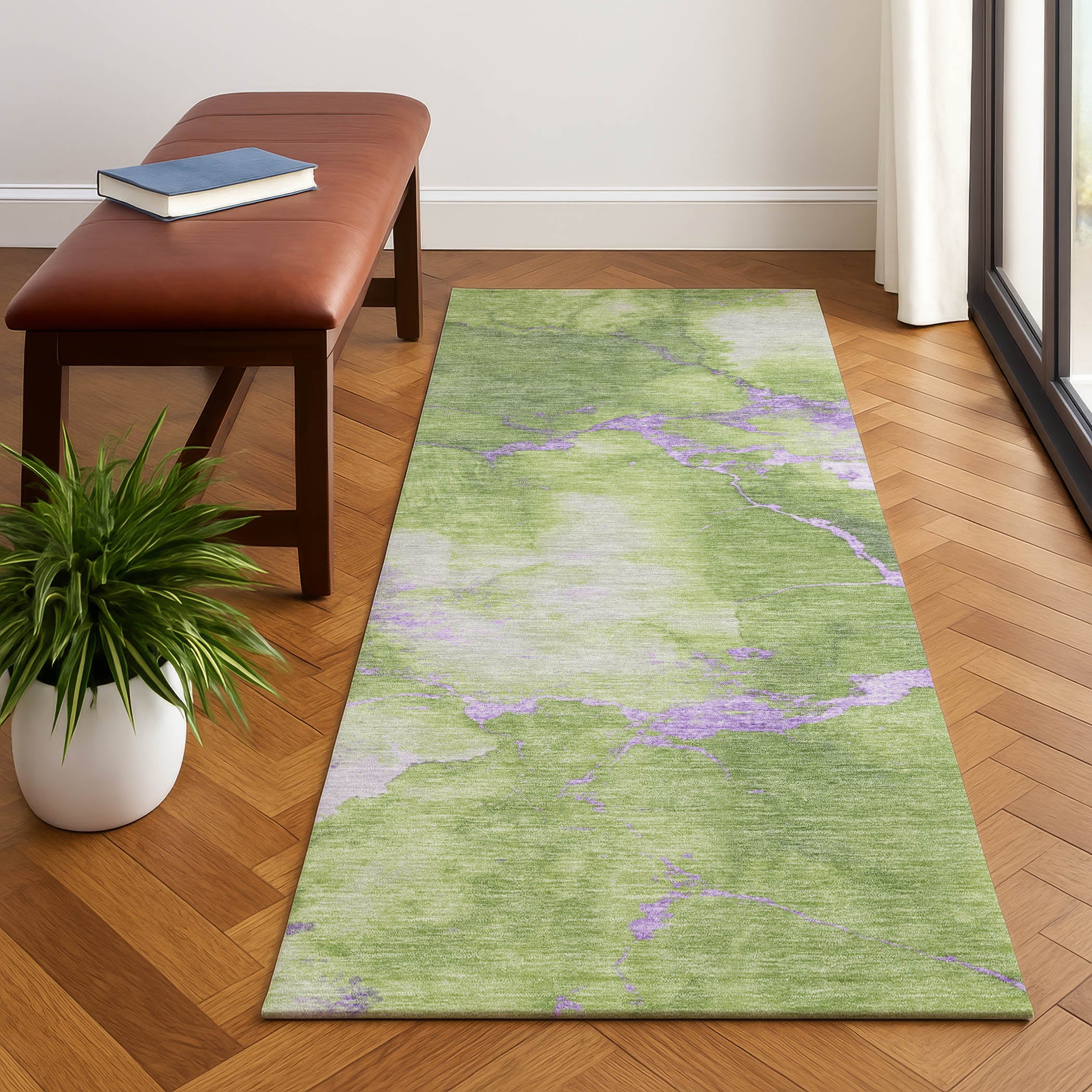 Athens Machine Washable Transitional Aloe Green Rug 2'3" x 7'6" #shape_Runner