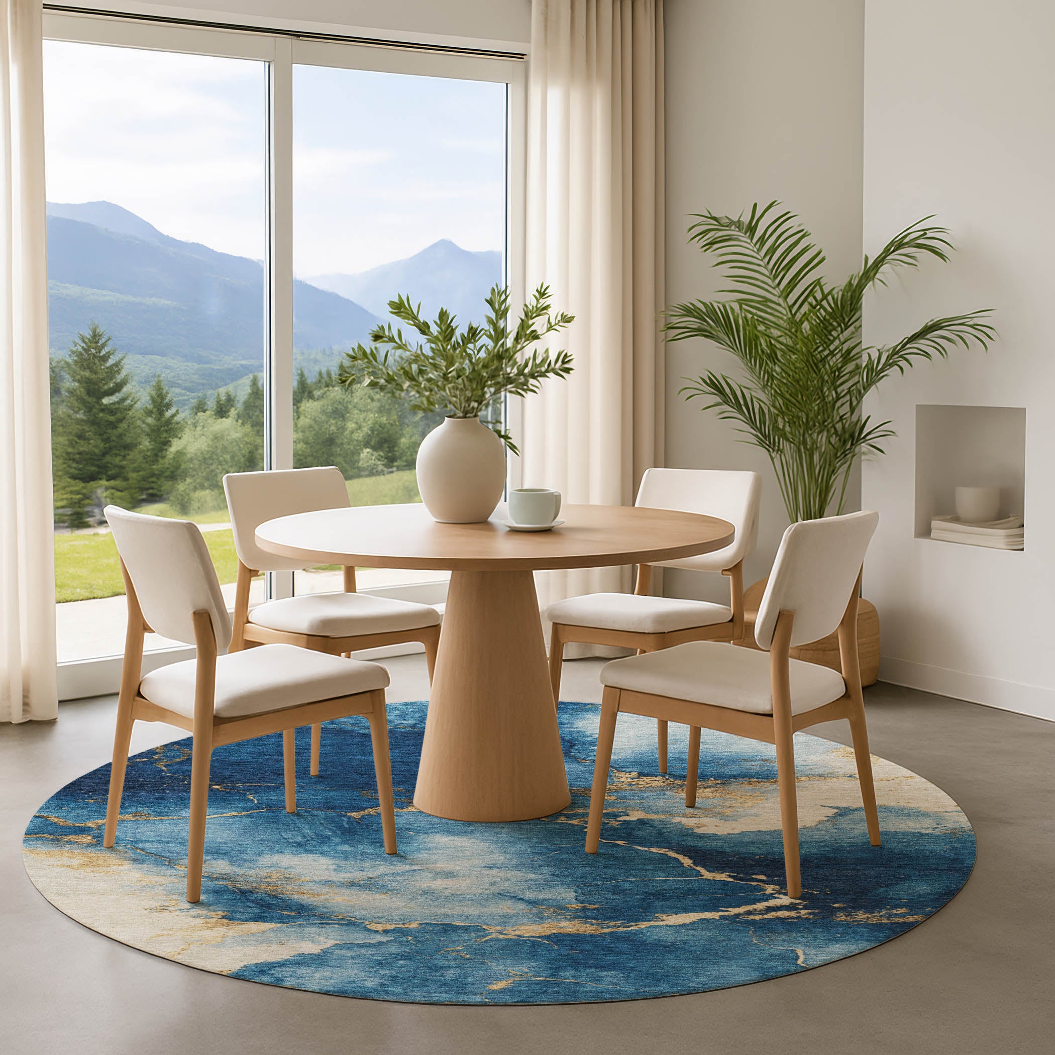 Athens Machine Washable Transitional Navy Blue Rug 8' x 8' #shape_Round