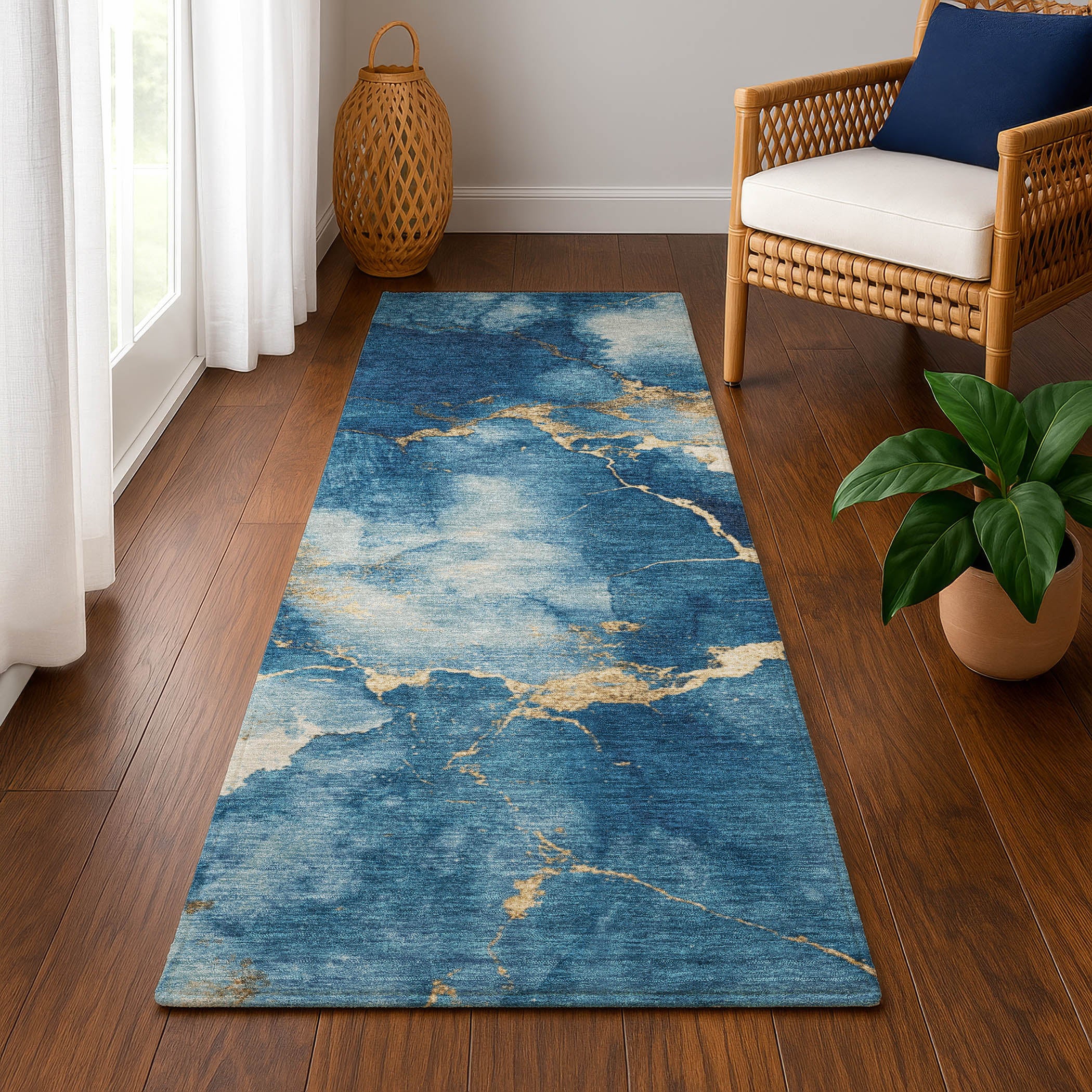 Athens Machine Washable Transitional Navy Blue Rug 2'3" x 7'6" #shape_Runner