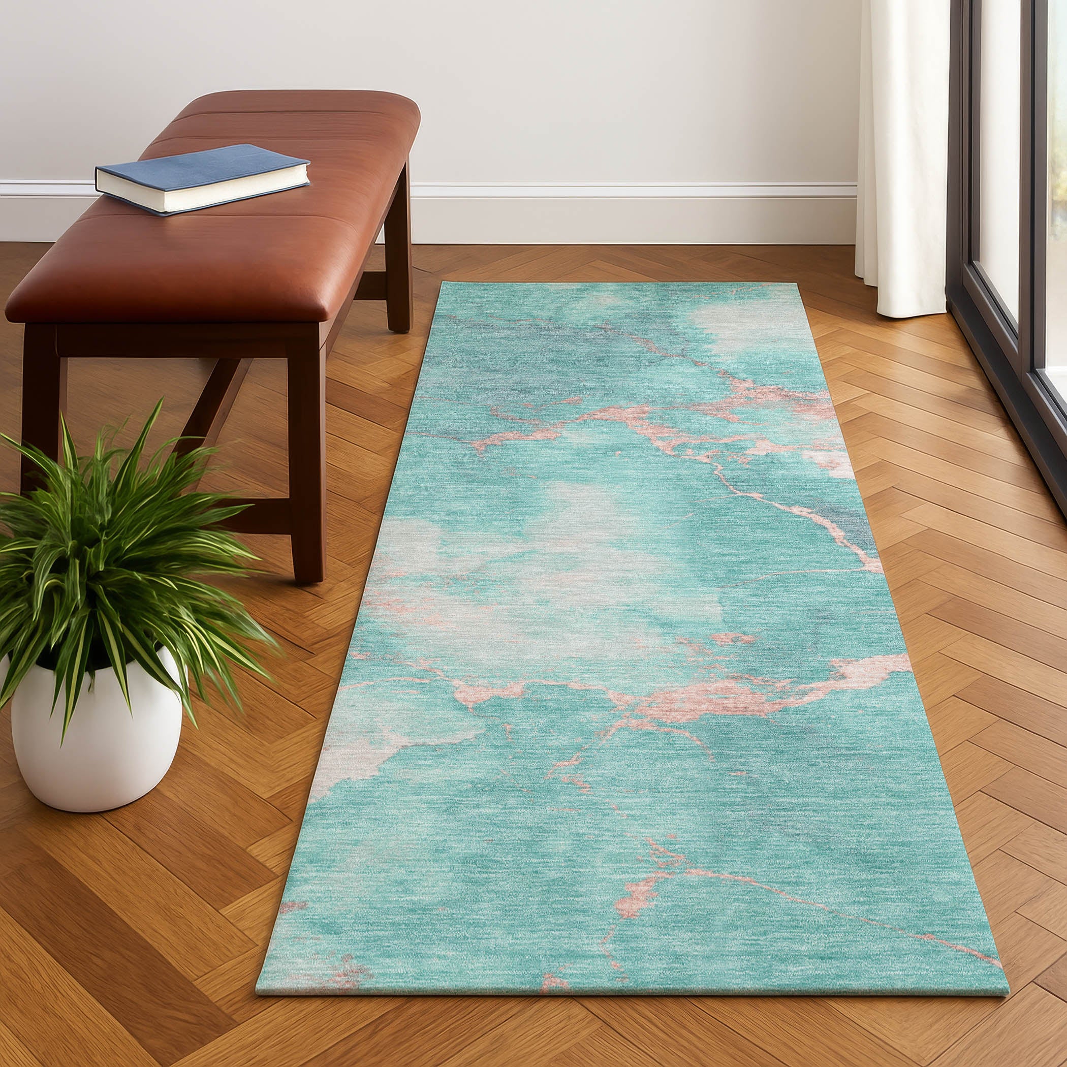 Athens Machine Washable Transitional Teal Rug 2'3" x 7'6" #shape_Runner