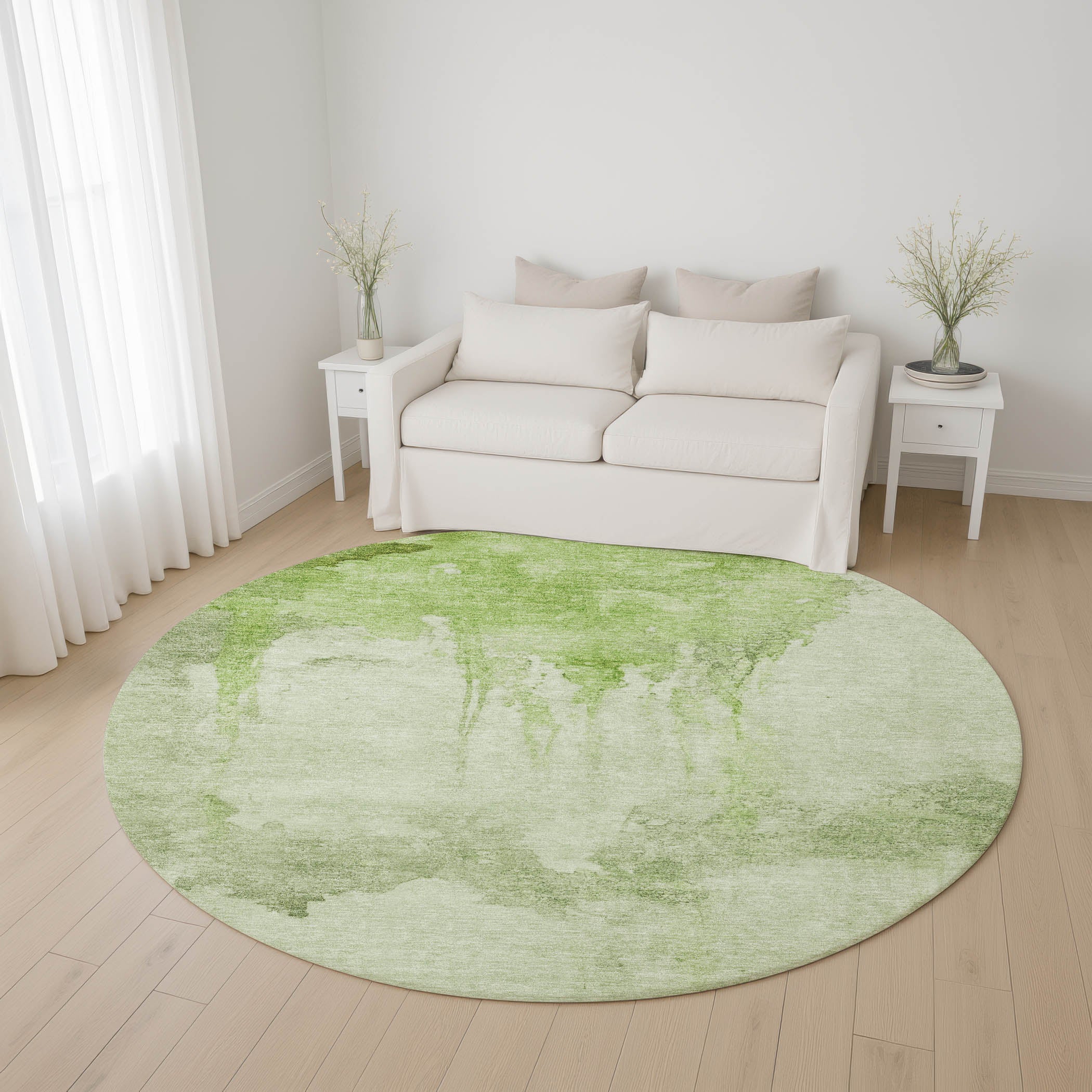 Florence Machine Washable Transitional Aloe Green Rug 8' x 8' #shape_Round