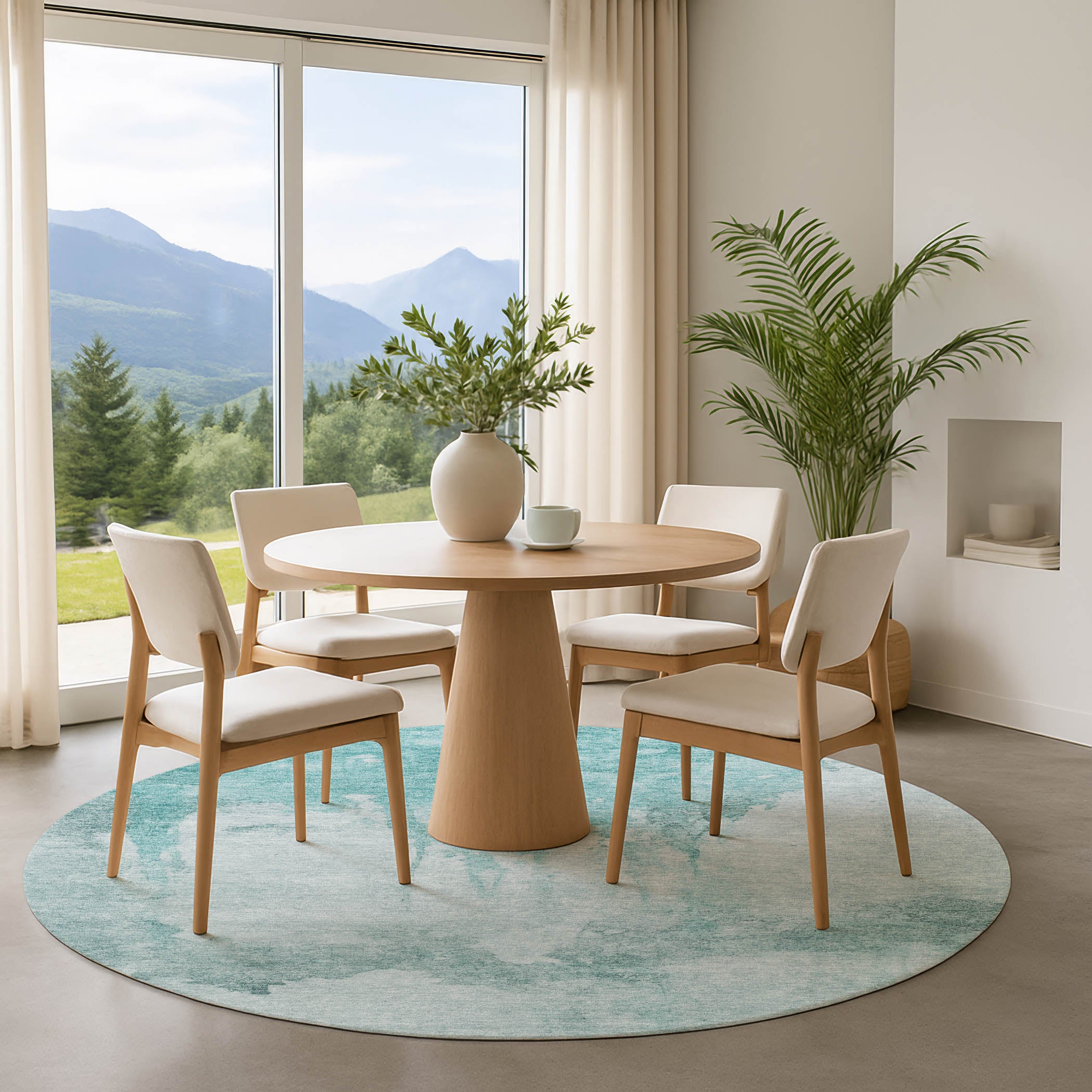 Florence Machine Washable Transitional Teal Rug 8' x 8' #shape_Round