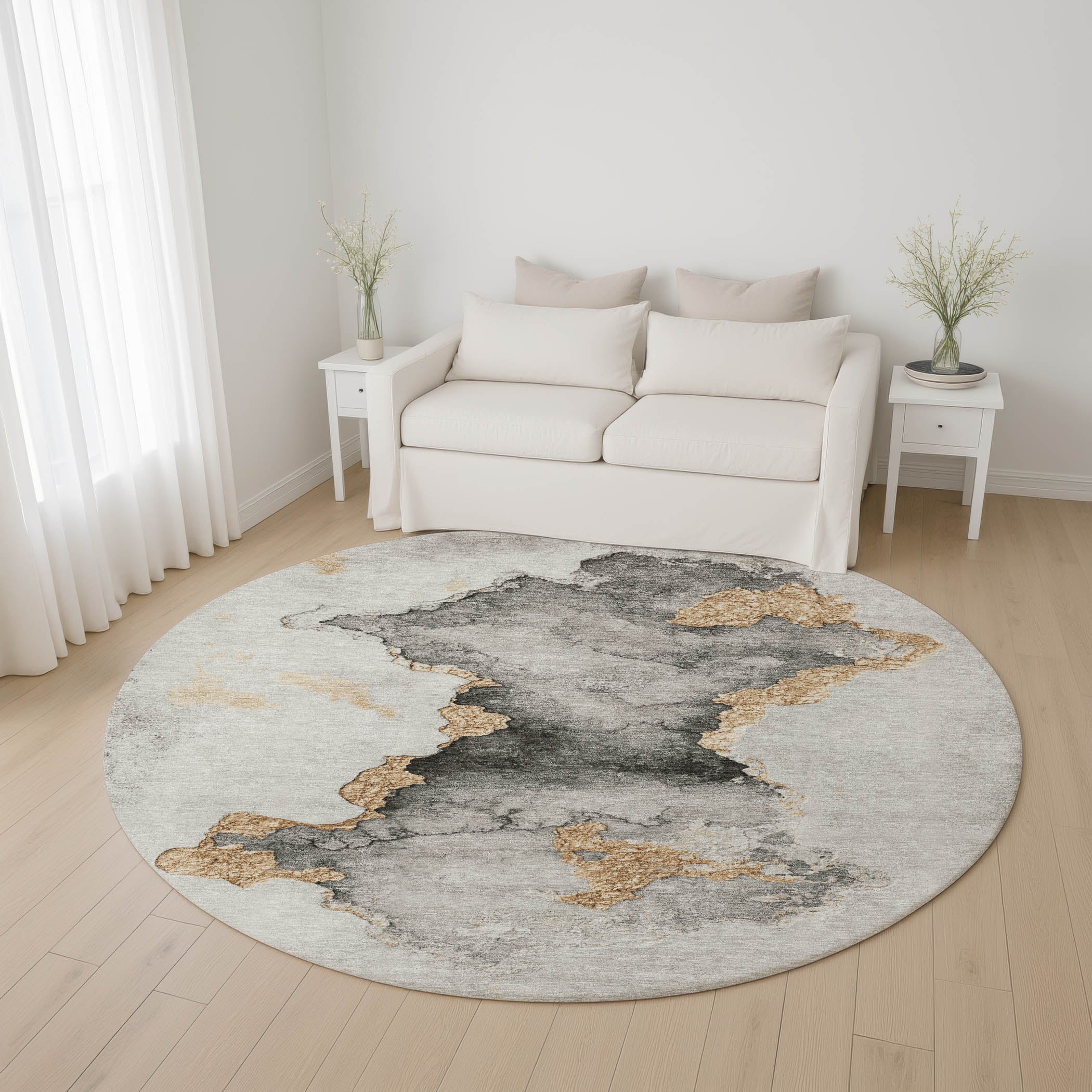 Kotor Machine Washable Transitional Gray Rug 8' x 8' #shape_Round