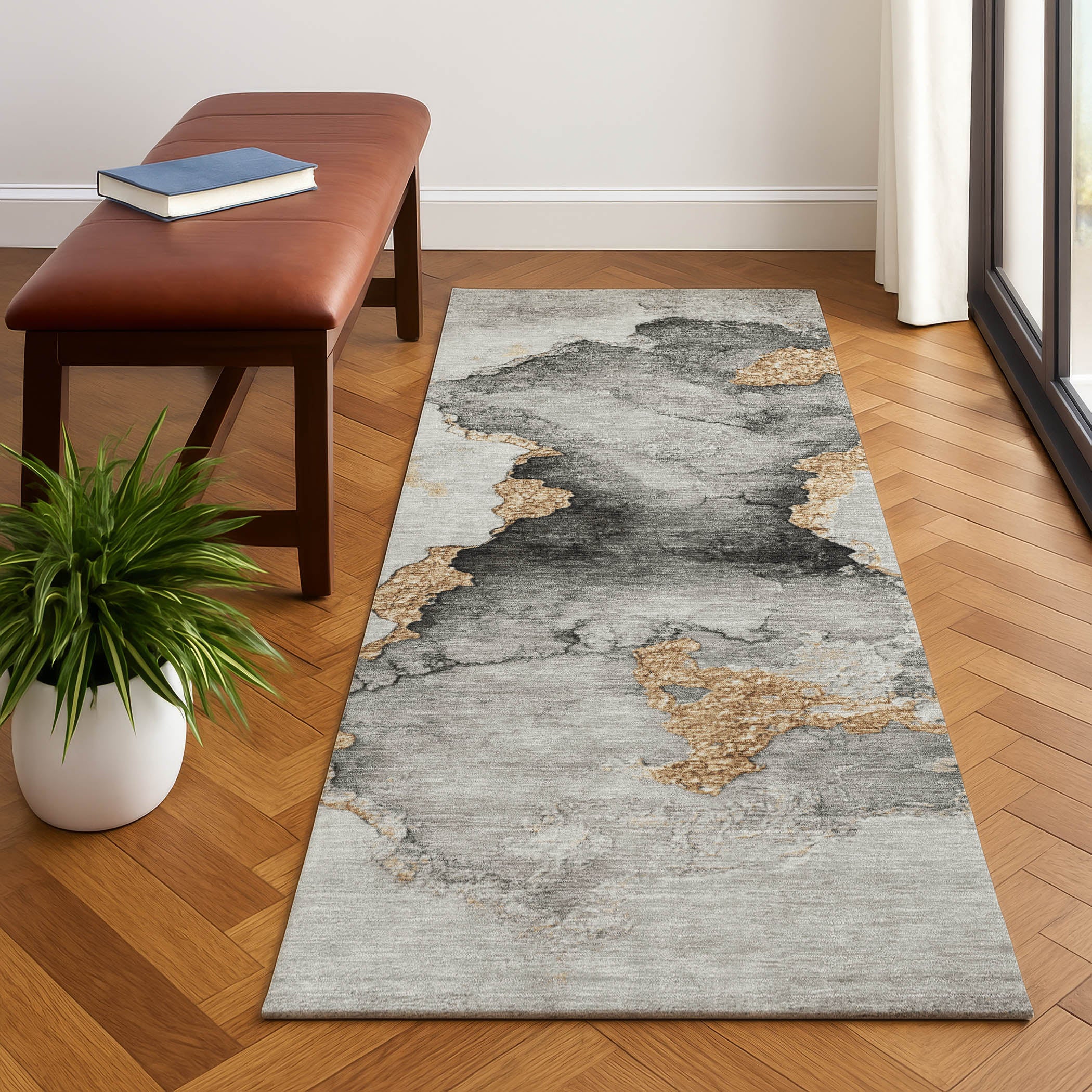 Kotor Machine Washable Transitional Gray Rug 2'3" x 7'6" #shape_Runner
