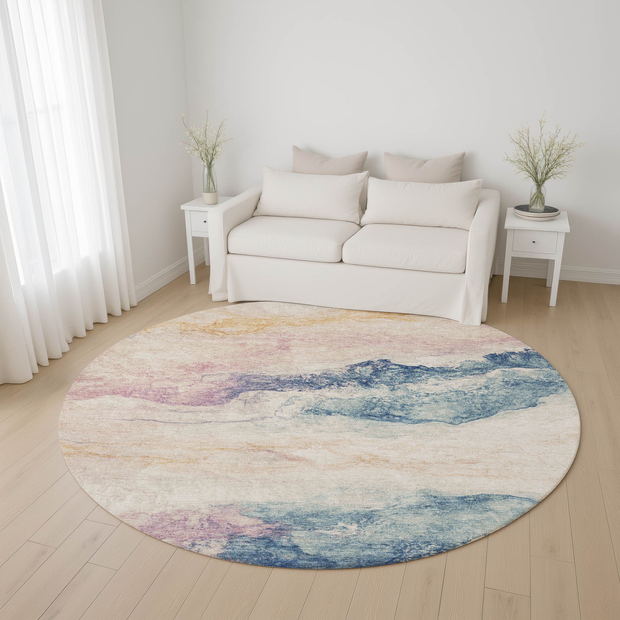 Santorini Machine Washable Transitional Pearl Ivory Rug 8' x 8' #shape_Round