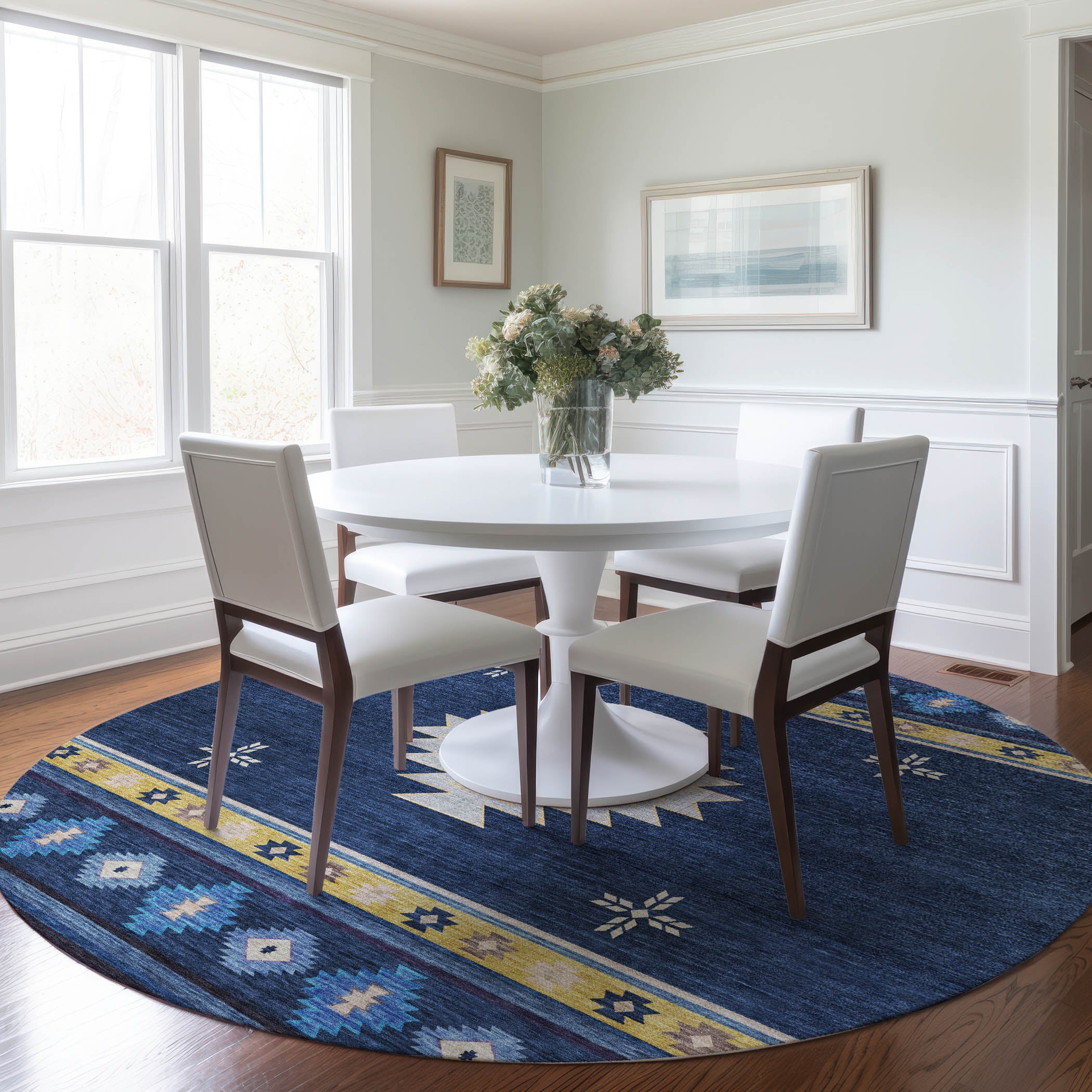 Siena Machine Washable Southwest Blue Rug 8' x 8' #shape_Round