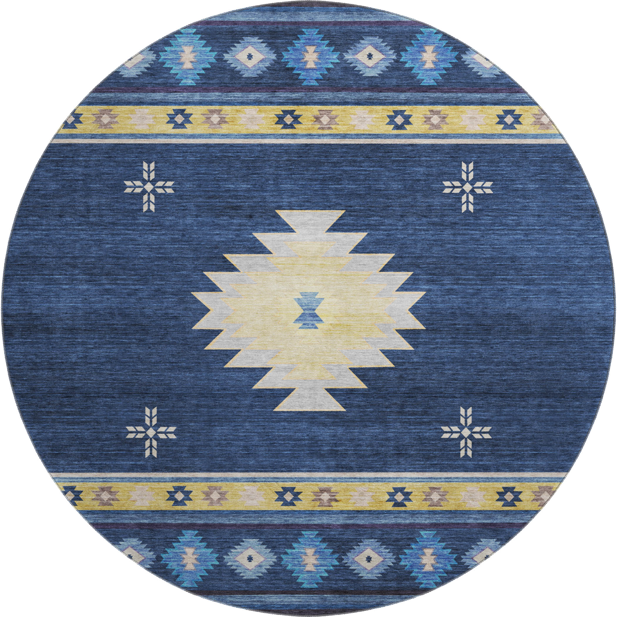 Siena Machine Washable Southwest Blue Rug 8' x 8' #shape_Round