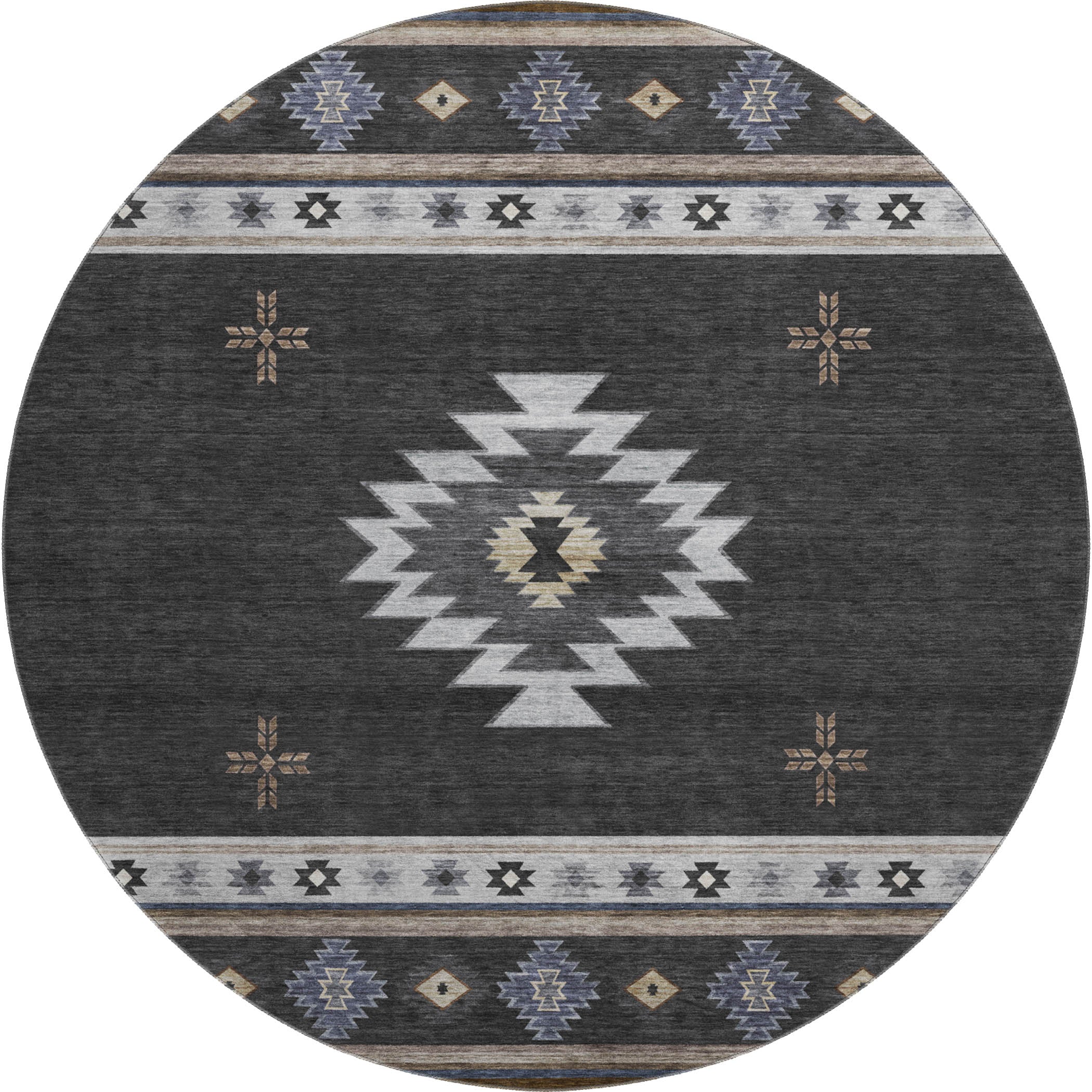 Siena Machine Washable Southwest Midnight Black Rug 8' x 8' #shape_Round