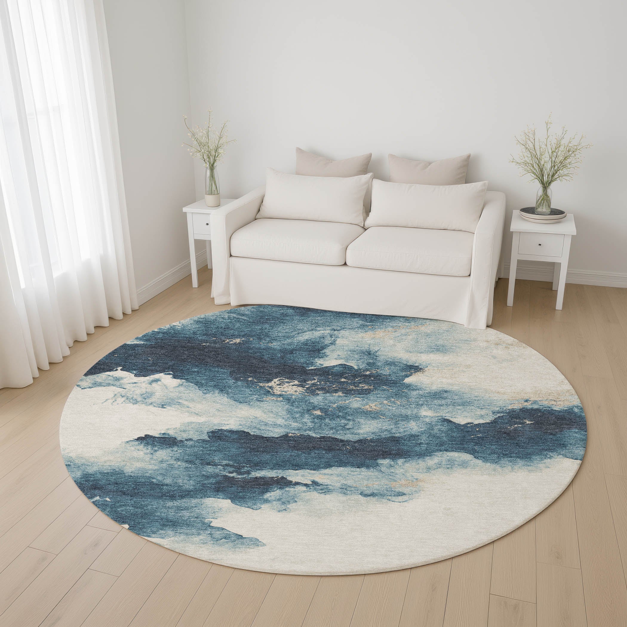Cairo Machine Washable Transitional Navy Blue Rug 8' x 8' #shape_Round