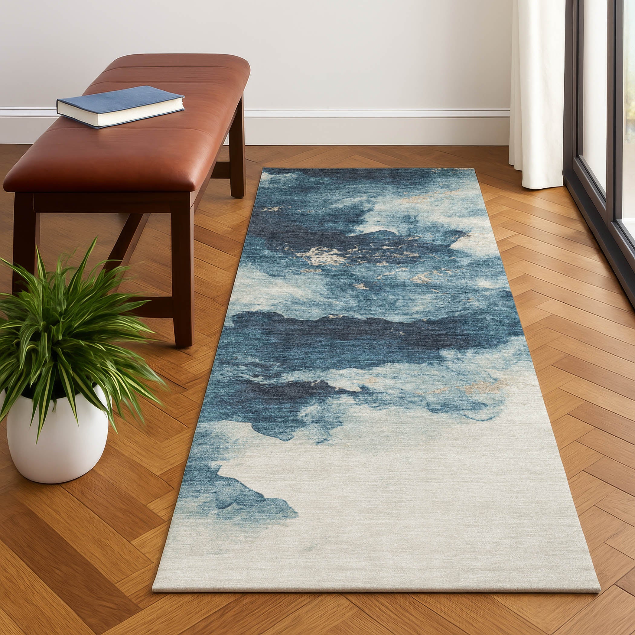 Cairo Machine Washable Transitional Navy Blue Rug 2'3" x 7'6" #shape_Runner