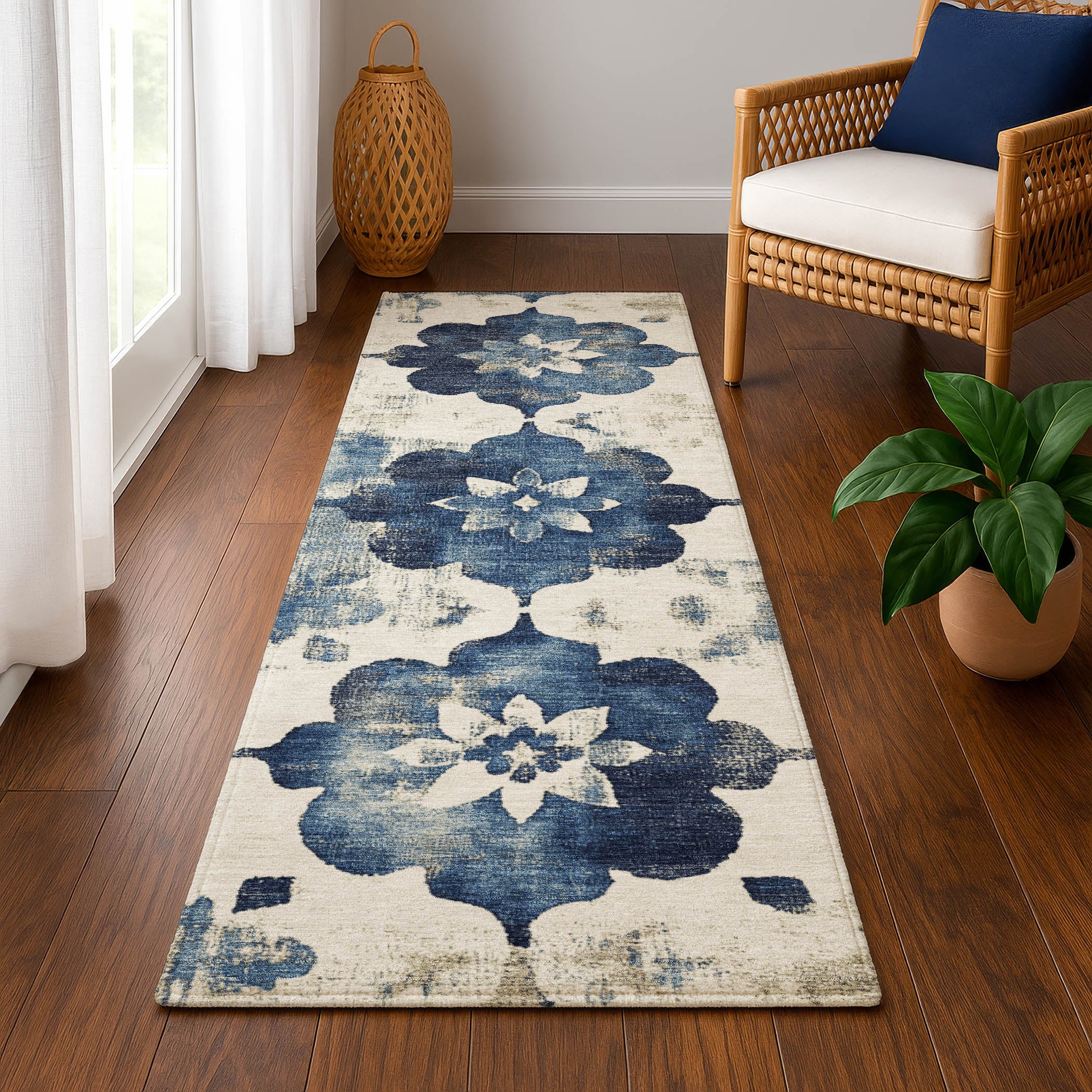 Ghent Machine Washable Transitional Navy Blue Rug 2'3" x 7'6" #shape_Runner