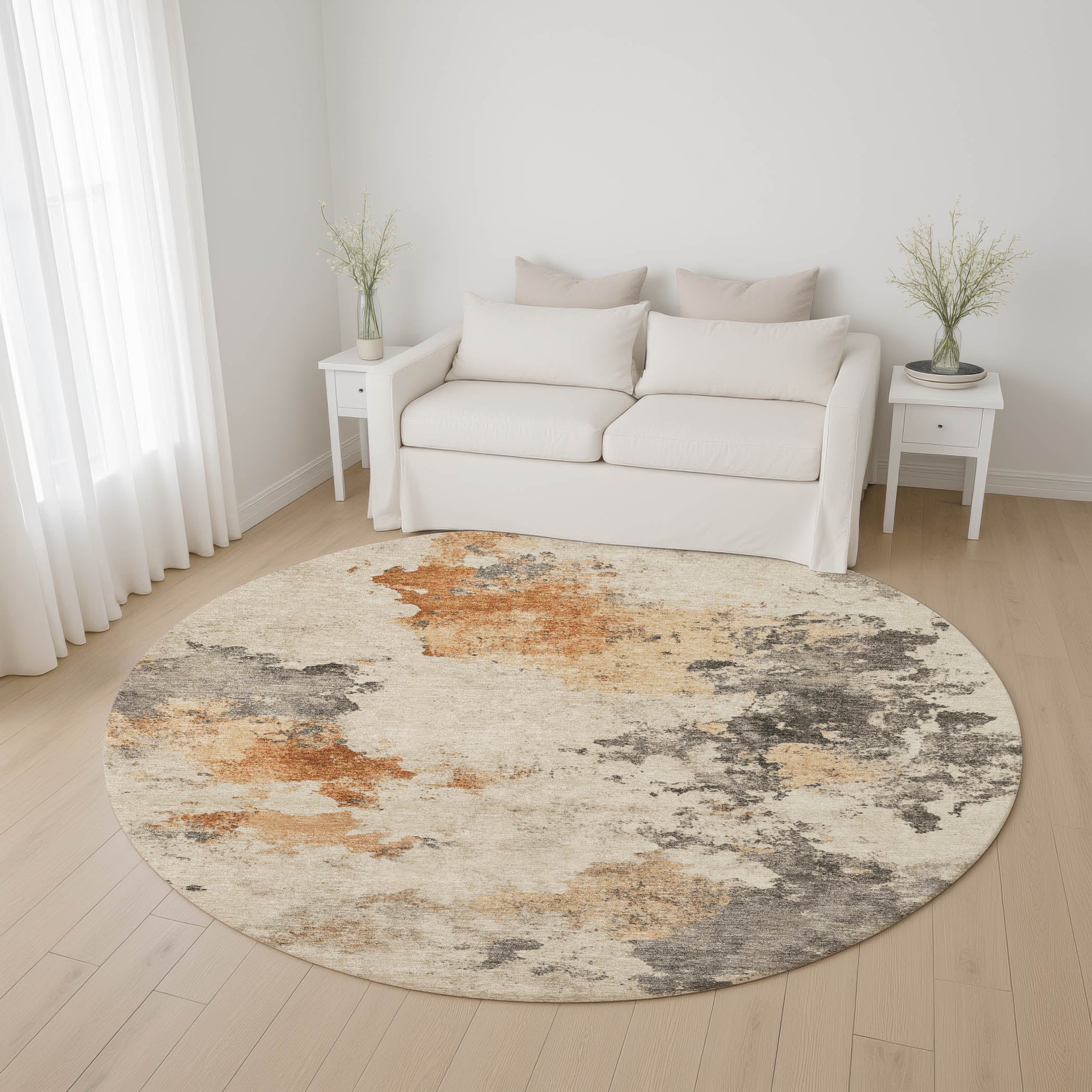 Luang Prabang Machine Washable Transitional Rust Orange Rug 8' x 8' #shape_Round