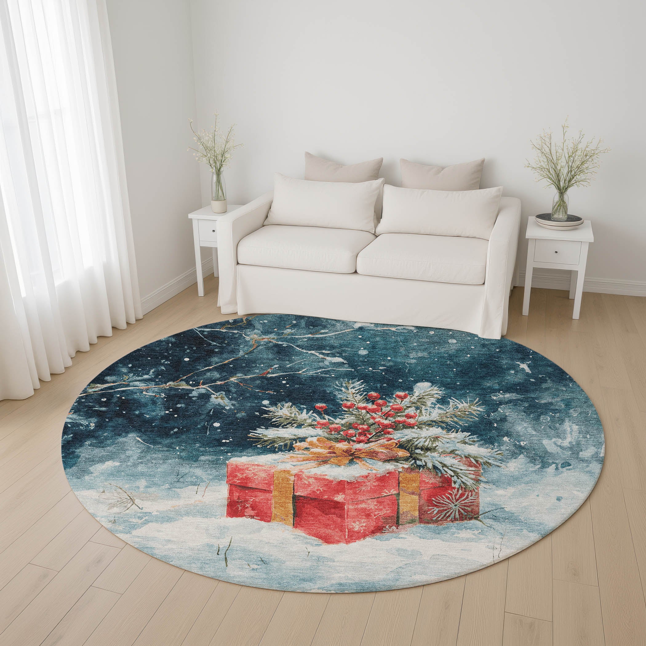 Kathmandu Machine Washable Transitional Blue Rug 8' x 8' #shape_Round