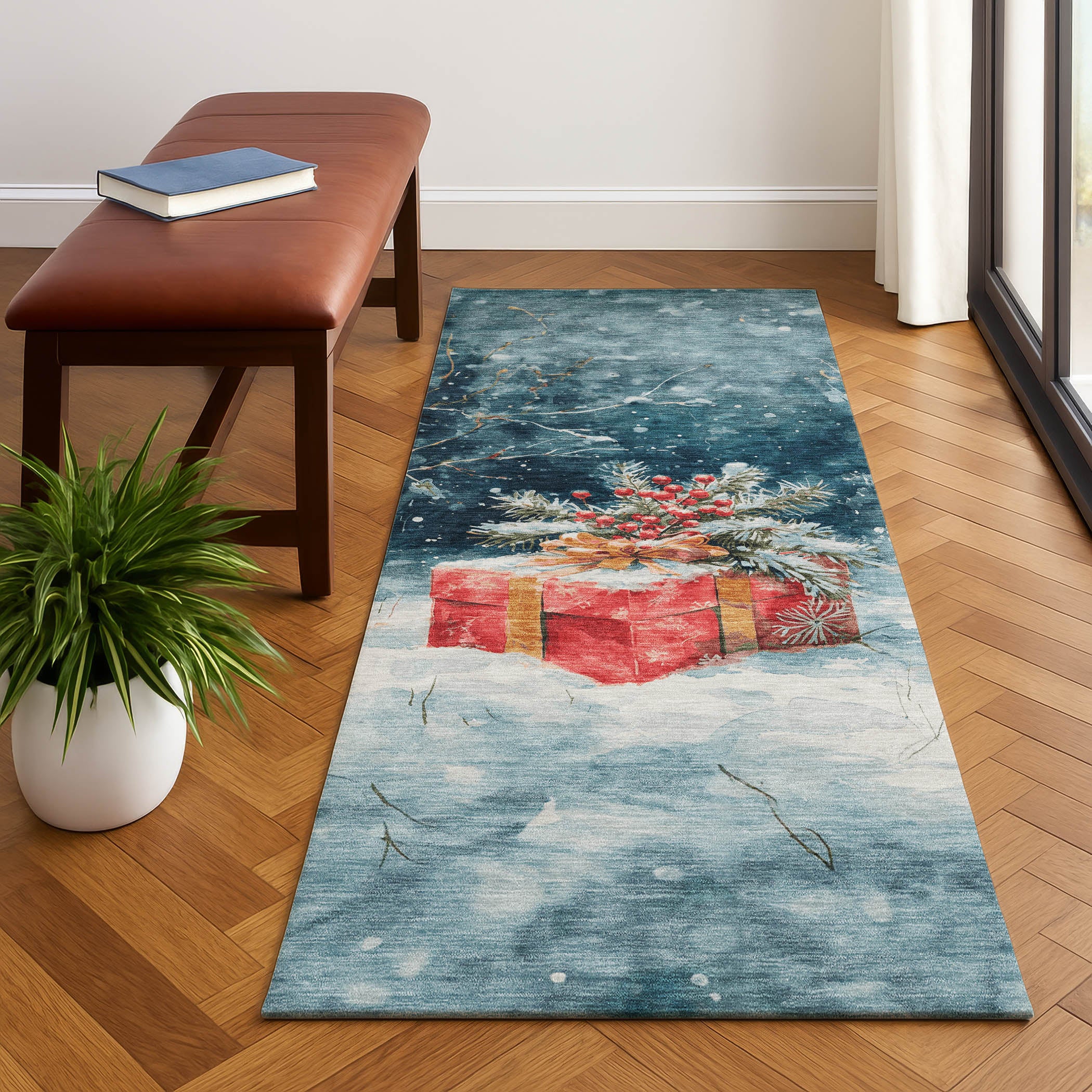 Kathmandu Machine Washable Transitional Blue Rug 2'3" x 7'6" #shape_Runner