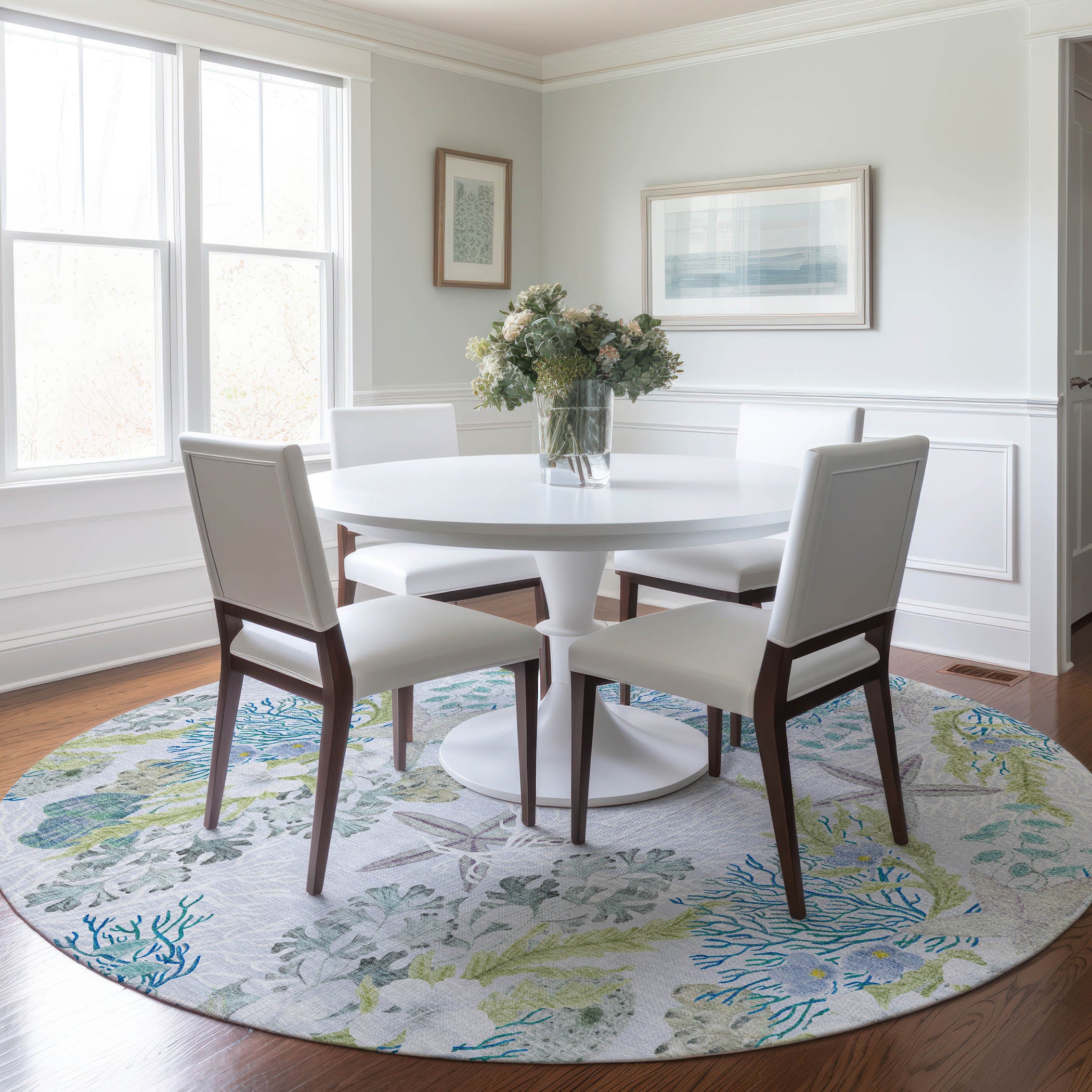 Budapest Machine Washable Coastal Aqua Gray Rug 8' x 8' #shape_Round