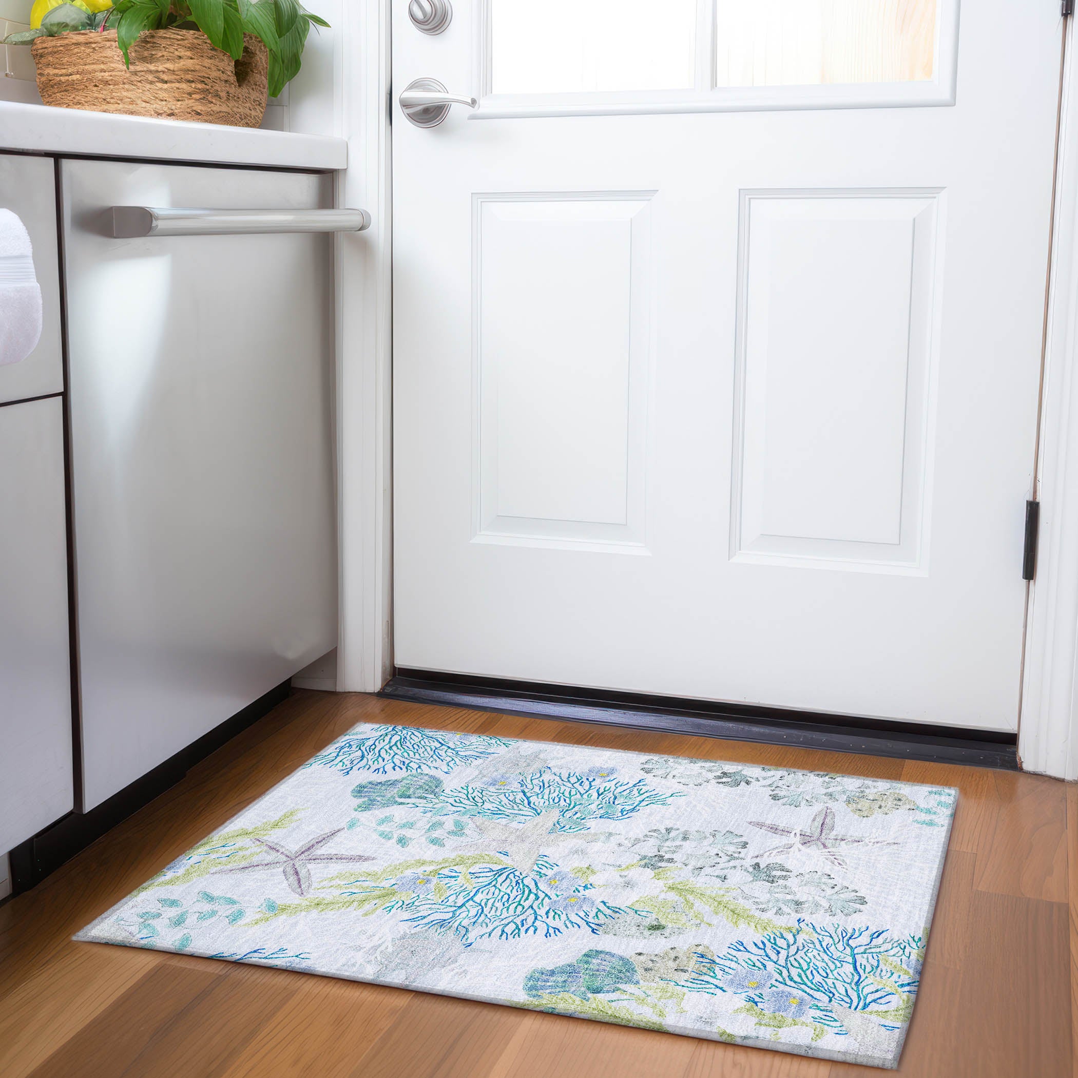 Budapest Machine Washable Coastal Aqua Gray Rug 1'8" x 2'6" #shape_Rectangle