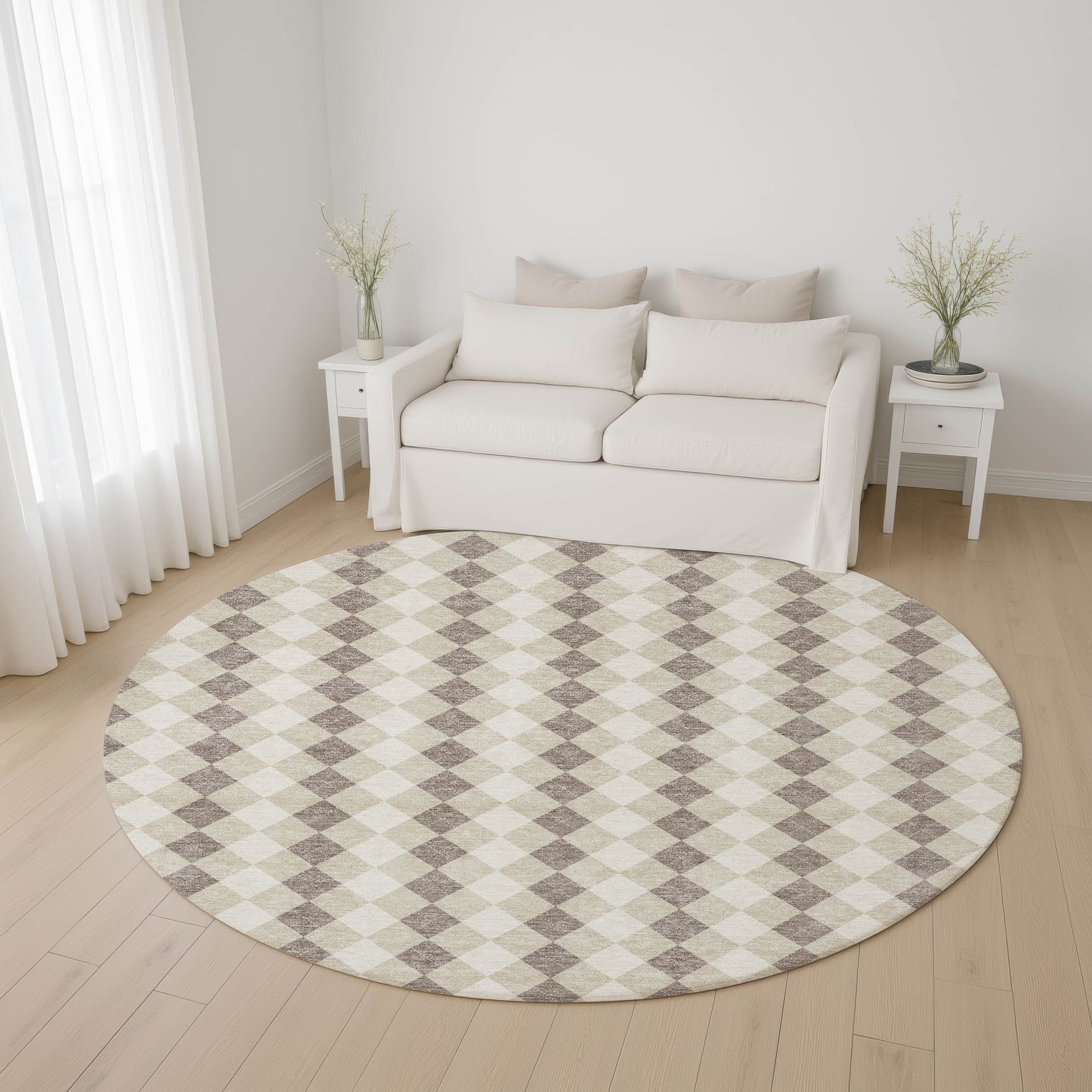 Sintra Machine Washable Transitional Beige Brown Rug 8' x 8' #shape_Round